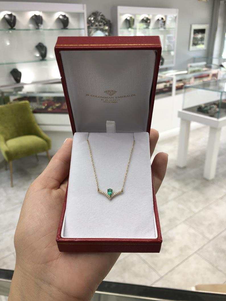 0.45tcw Natural Emerald Pear & Diamond Accent 14K Gold V-Neck Pendant Necklace - Perfect for Weddings, Anniversaries & Special Occasions