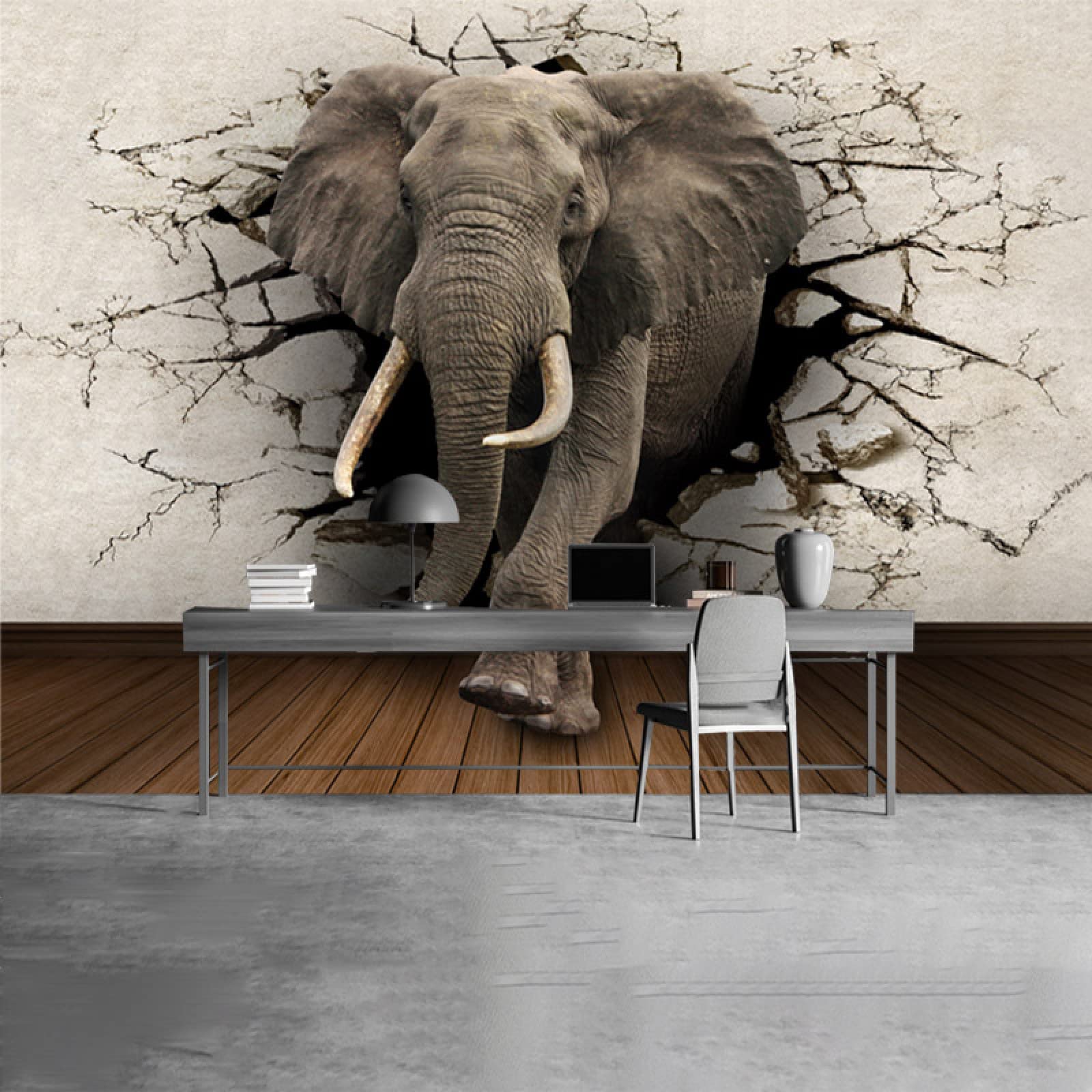 3D Zoo Elephant Wall Mural - Animal Breaking Out Wallpaper for Bedroom, Living Room & TV Wall Decor - 59