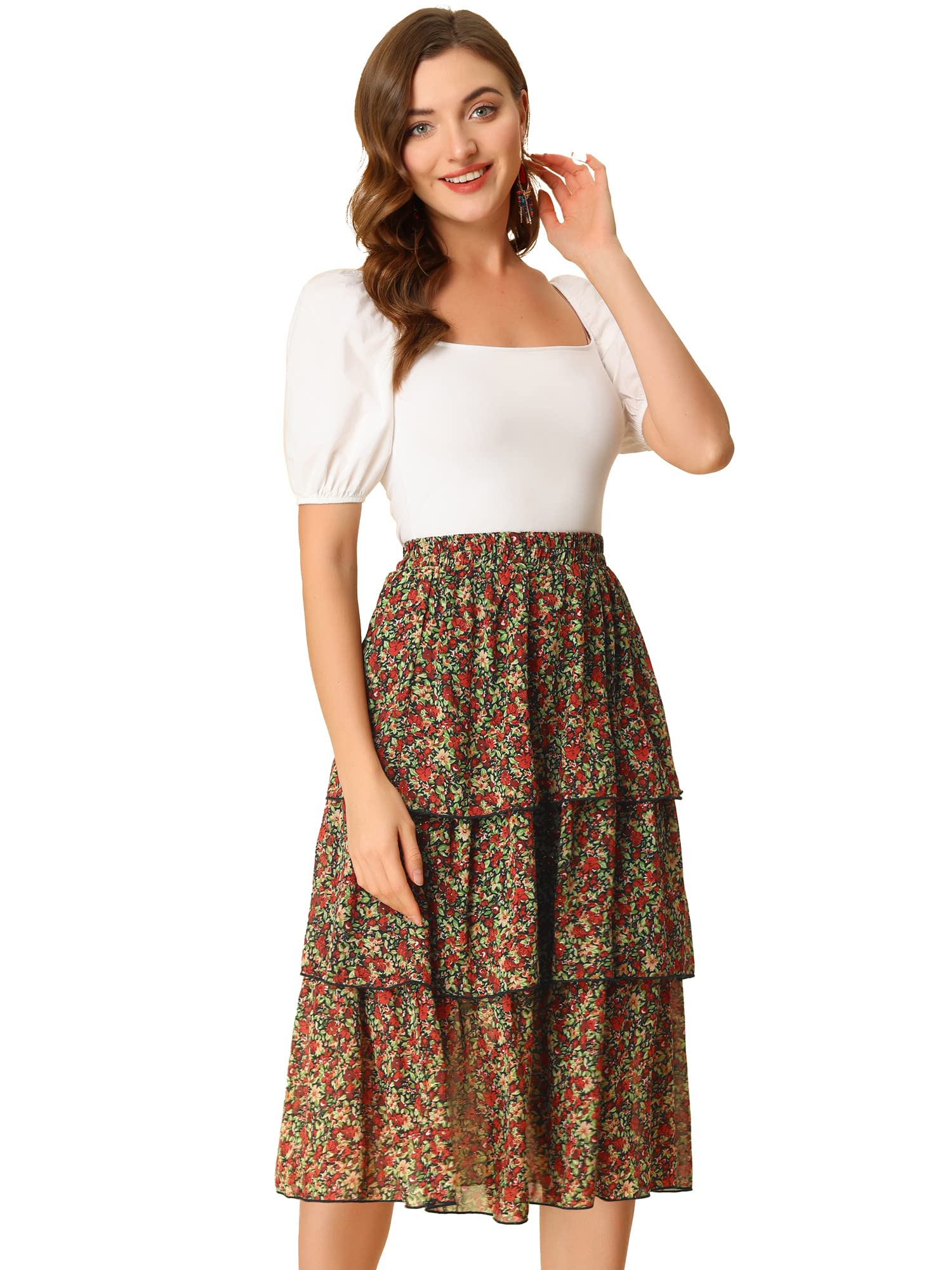Allegra K Women's Floral Print Ruffle Hem High Waist Layered Midi Skirt for Spring Summer Casual Outfits and Beach Vacations