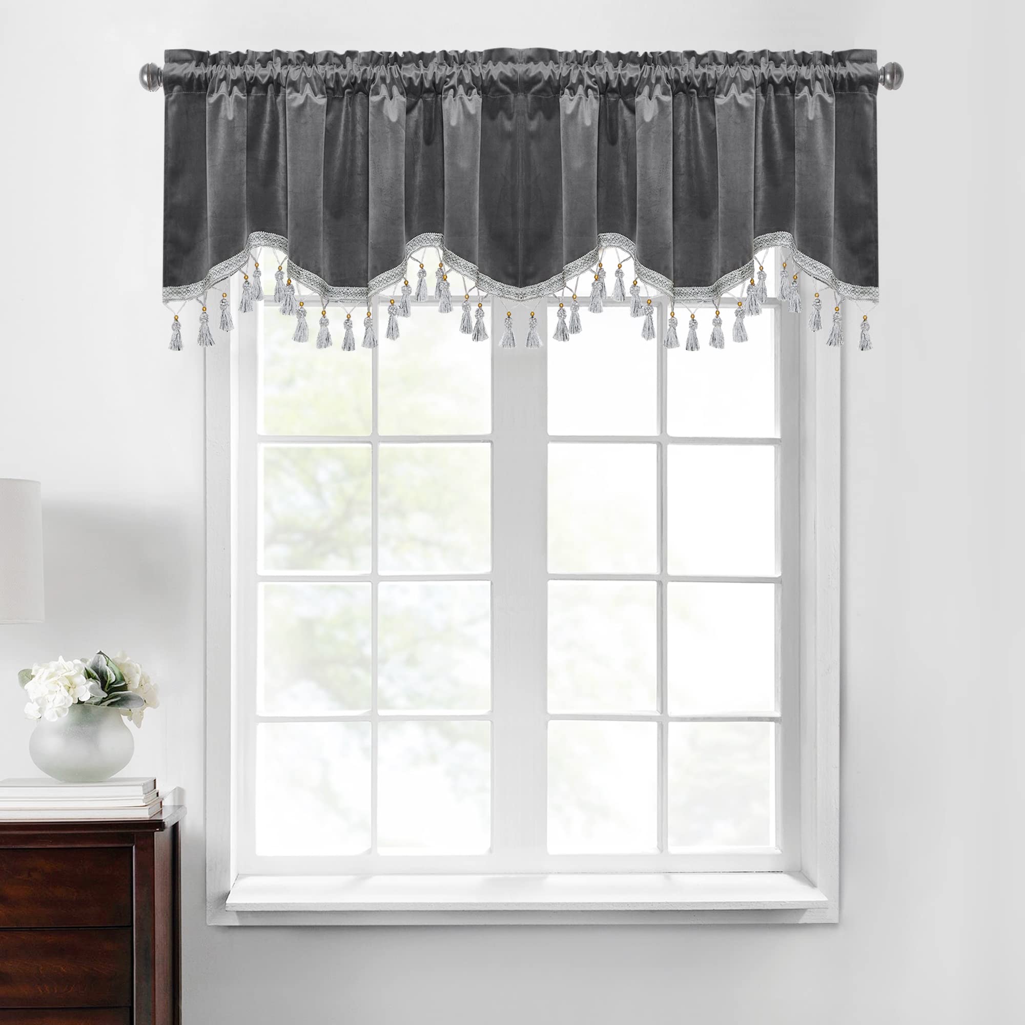 Premium Blackout Velvet Valance Curtains - Scalloped Edge with Tassel Trim, Luxury Window Treatment for Kitchen & Bathroom, 52