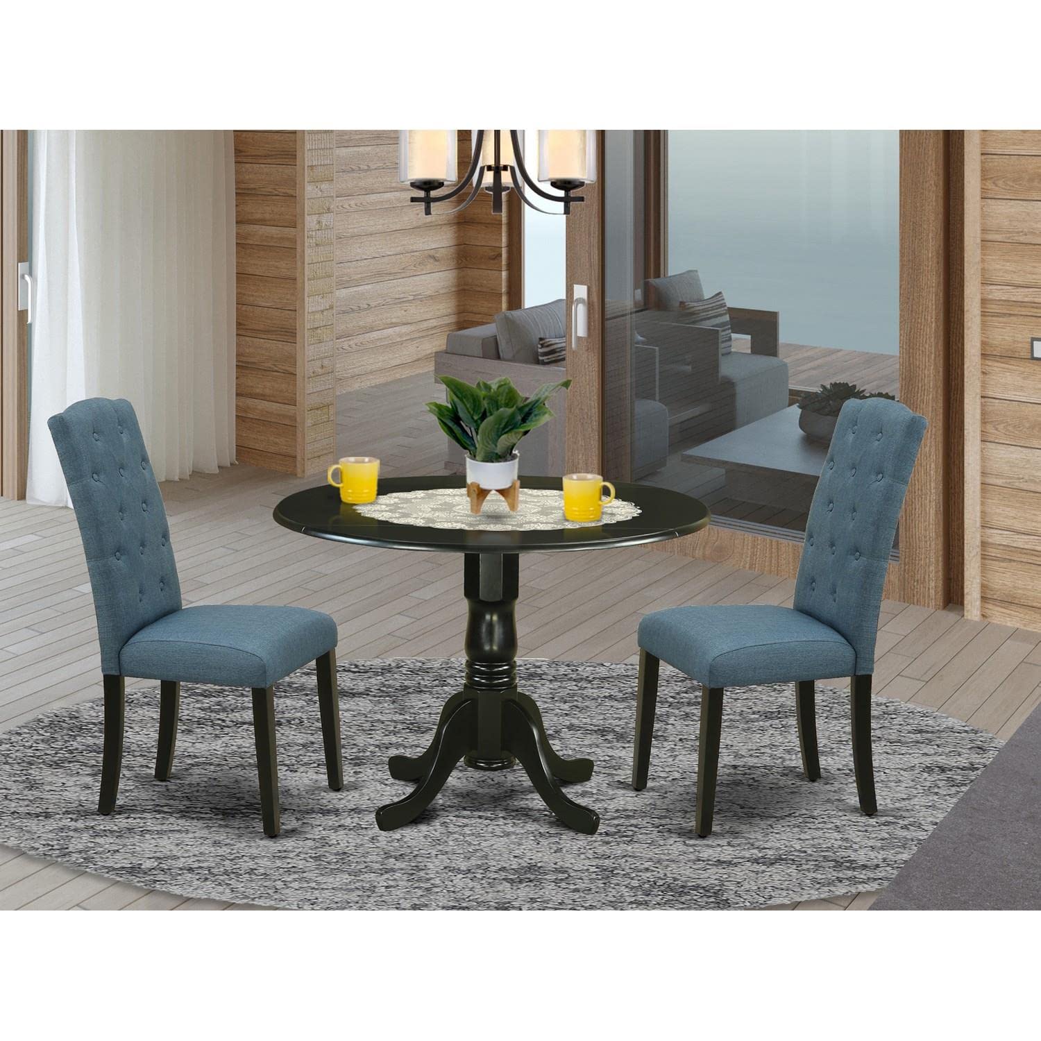 East West Furniture DLCE3-BLK-21 3-Piece Round Dining Table Set with Drop Leaf & 2 Upholstered Chairs - 42x42 Inch Black - Perfect for Small Spaces, Breakfast Nooks & Apartment Dining Rooms