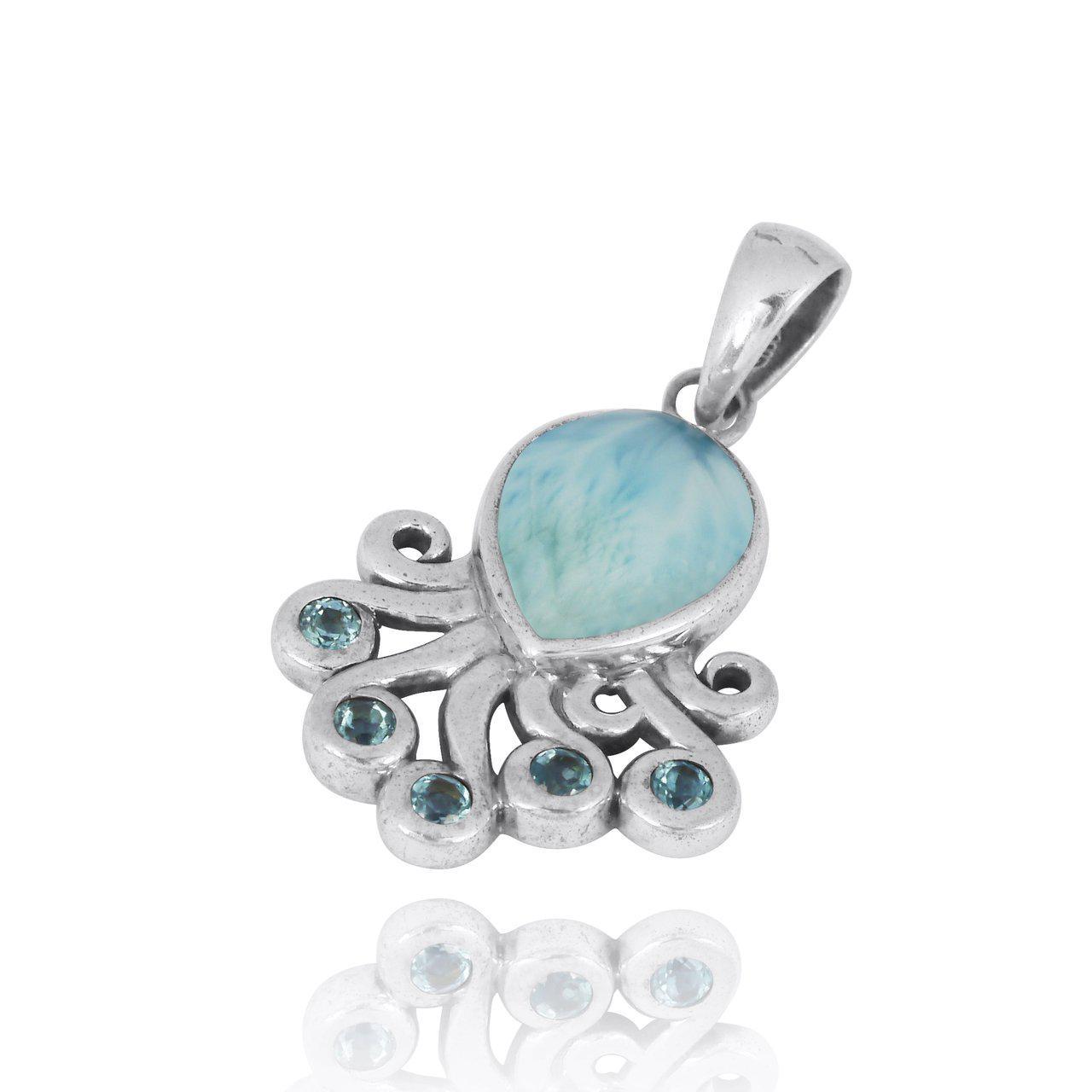 Octopus Pendant Necklace with Genuine Larimar & Swiss Blue Topaz - Elegant Handmade Jewelry for Women, Perfect for Beach Vacations & Boho Fashion