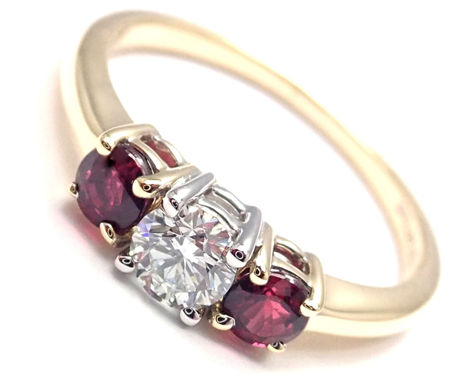 Authentic Tiffany & Co 18k Gold Platinum Three Stone Diamond Ruby Band Ring for Women - Elegant Wedding, Engagement & Anniversary Jewelry Gift