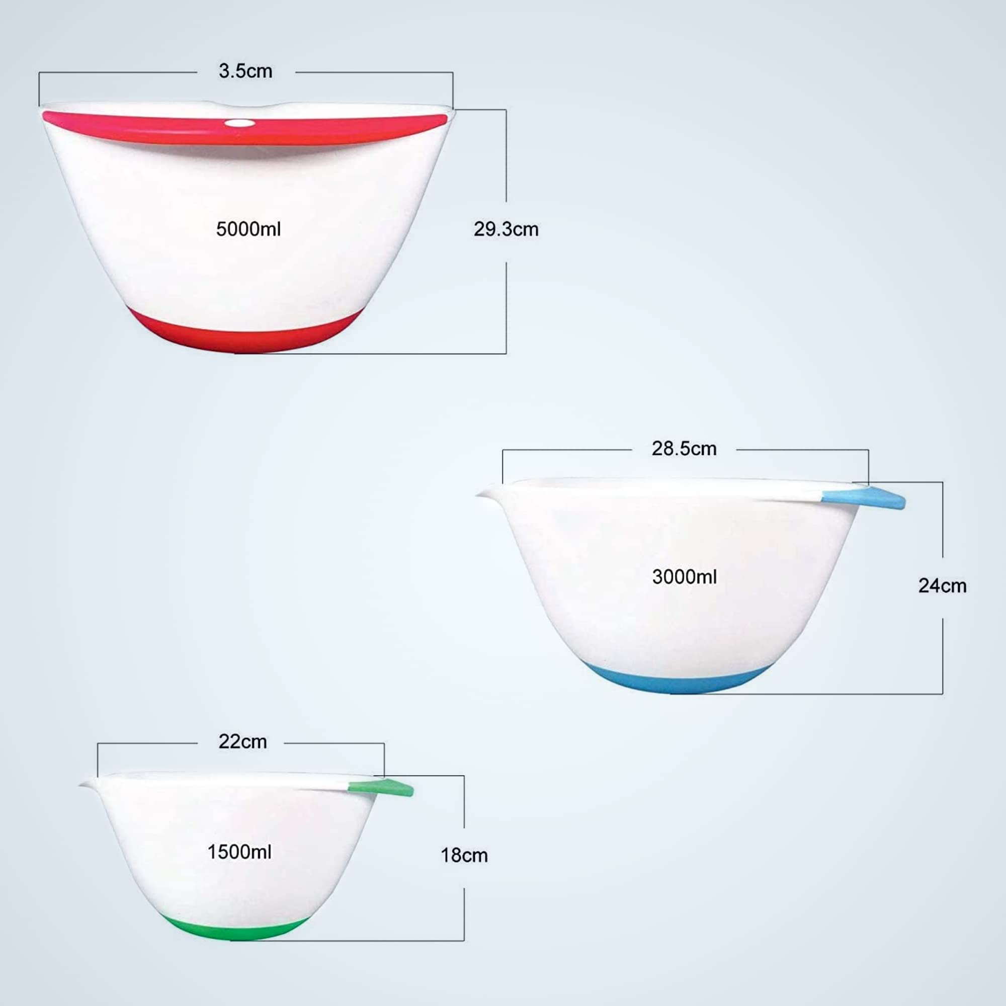 Jean-Patrique 3-Piece Plastic Mixing Bowls Set with Pour Spout & Non-Slip Base - Durable Kitchen Mixing Bowls for Baking, Cooking, Food Prep & Meal Prepping - Perfect for Mixing Dough, Whisking Eggs & Serving Salads