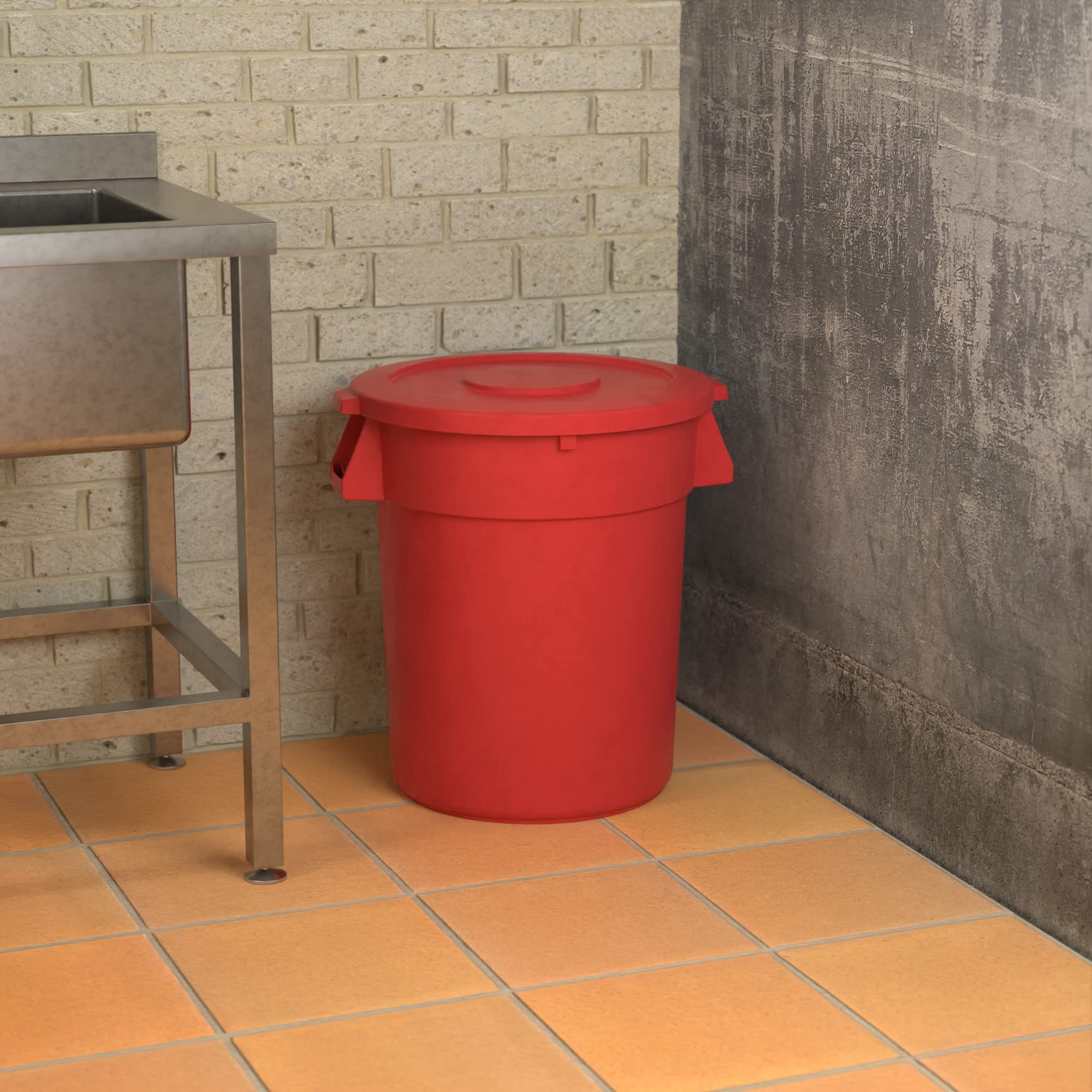 32 Gallon Red Round Commercial Trash Can with Lid - Heavy Duty Waste Bin for Office, Restaurant, Kitchen & Outdoor Use