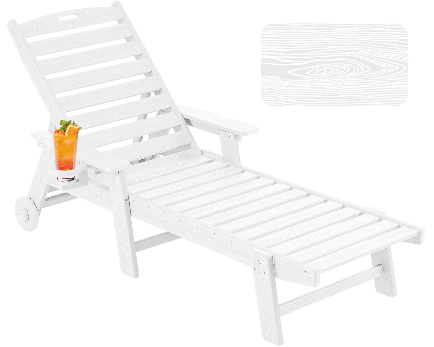 Outdoor Chaise Lounge Chair with Wheels - Oversized Patio Lounge Chair with Wood Texture, 5-Position Adjustable Plastic Sunbed for Poolside, Deck, Beach & Garden - Perfect for Relaxing, Sunbathing & Lounging (White)