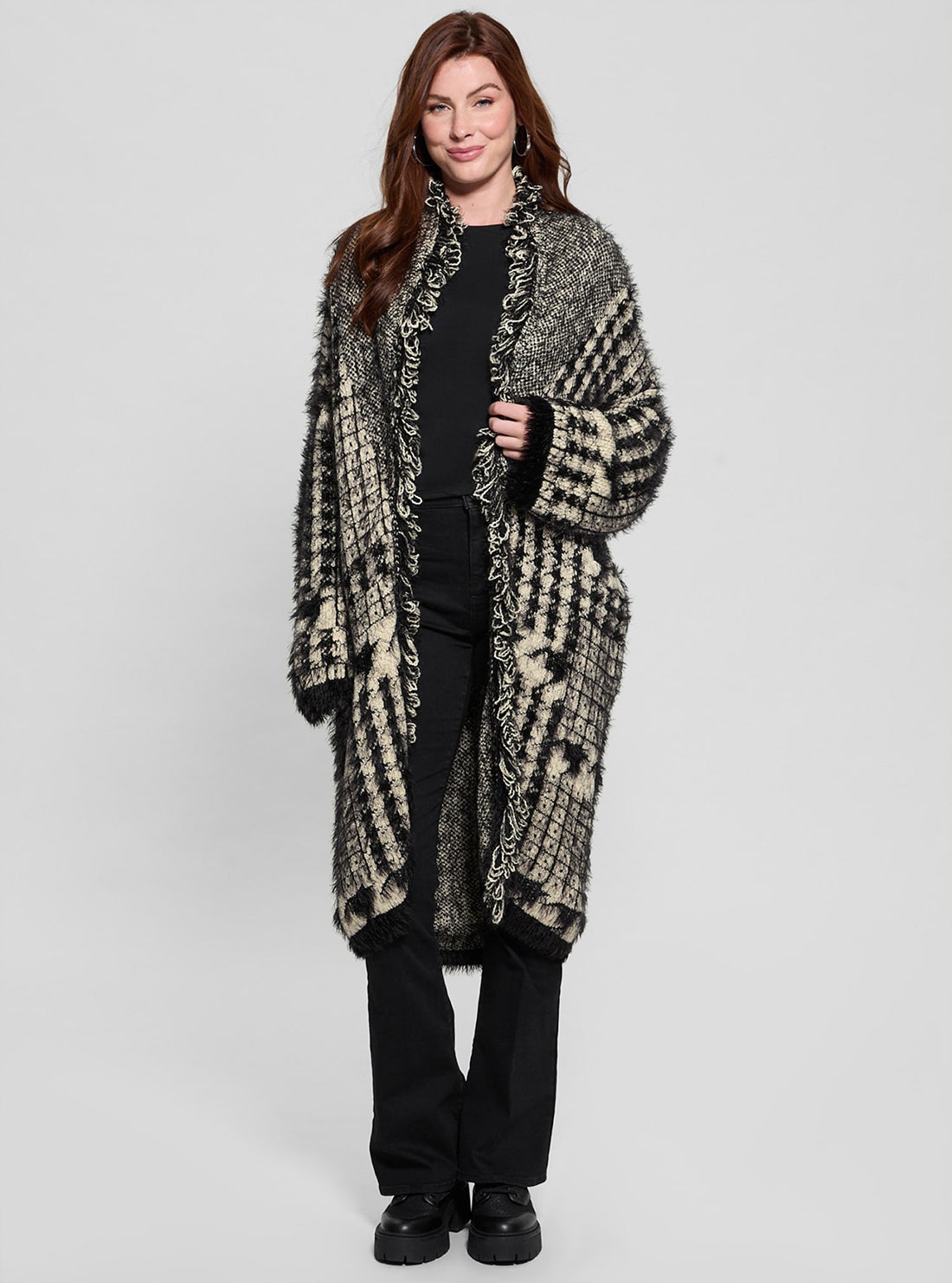 Stylish Black Print Fringed Patchwork Cardigan for Women - Boho Chic Knitwear for Casual Outings & Music Festivals