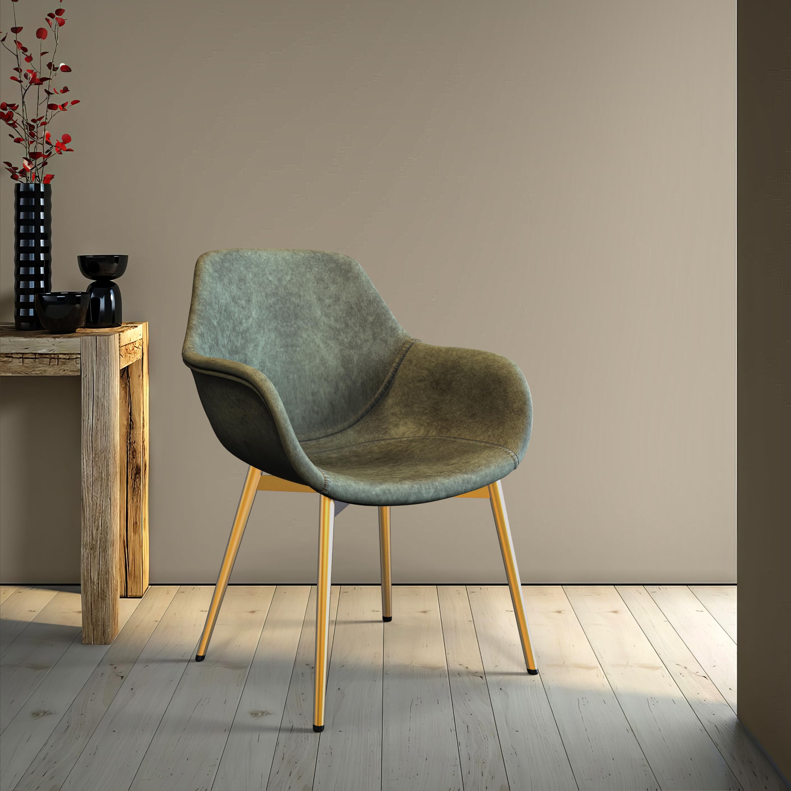 LeisureMod Markley Modern Leather Dining Armchair - Olive Green Kitchen Chair with Gold Metal Legs for Dining Room, Kitchen & Office | Comfortable & Stylish Seating Solution