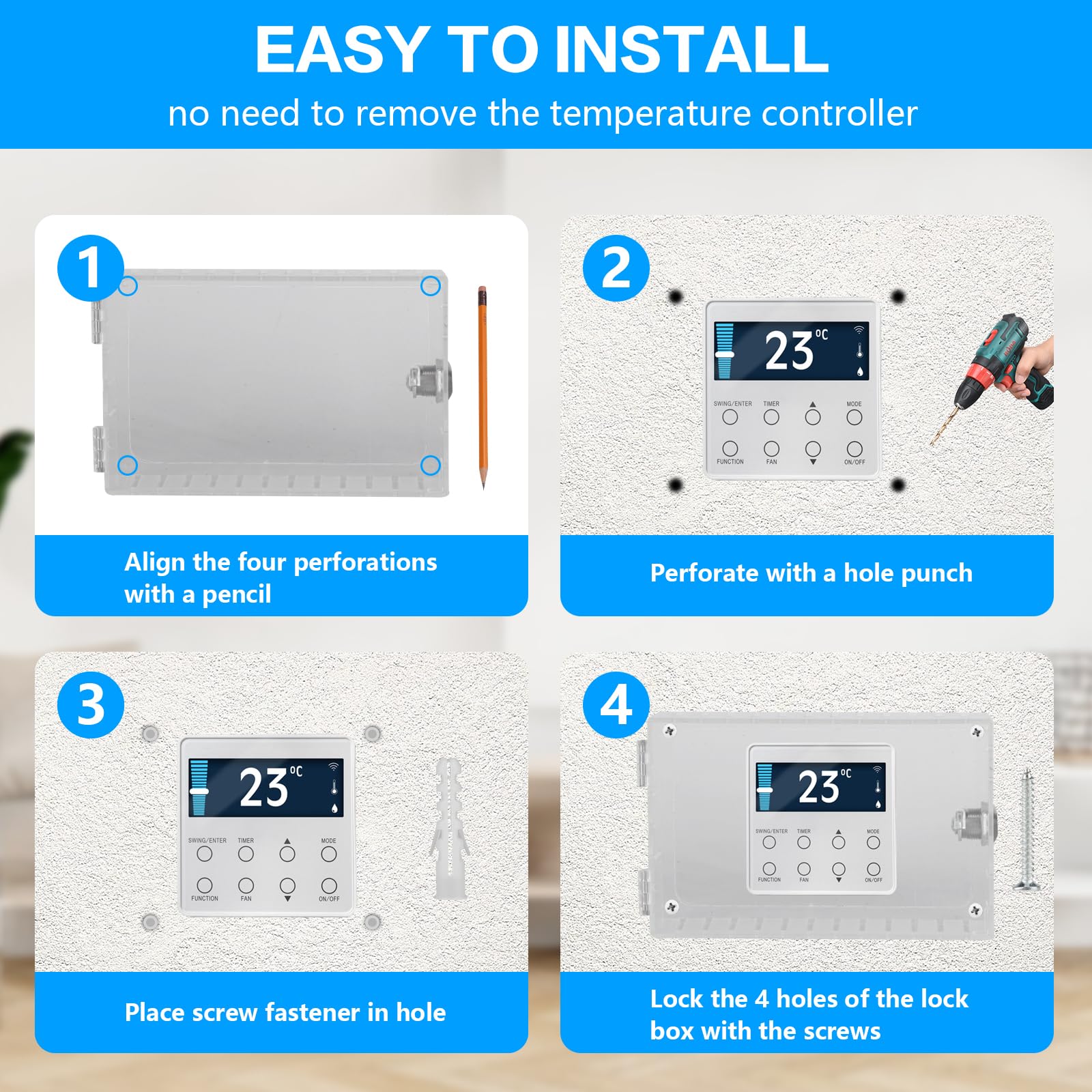Baby Proof Thermostat Lock Box with Key - Clear Wall Mounted Thermostat Cover Guard for 4