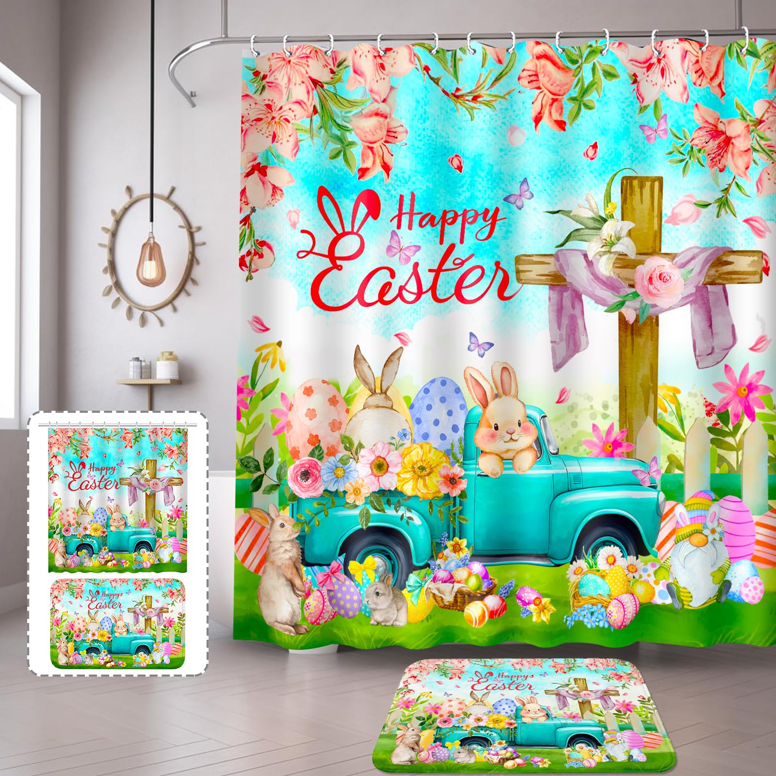 Lutto Easter Shower Curtain - Spring Bunny Flower Bathroom Decor Set, 72x72 Inch Waterproof Polyester Fabric - Perfect for Easter Home Decor, Holiday Bathroom Refresh & Seasonal Gift Giving