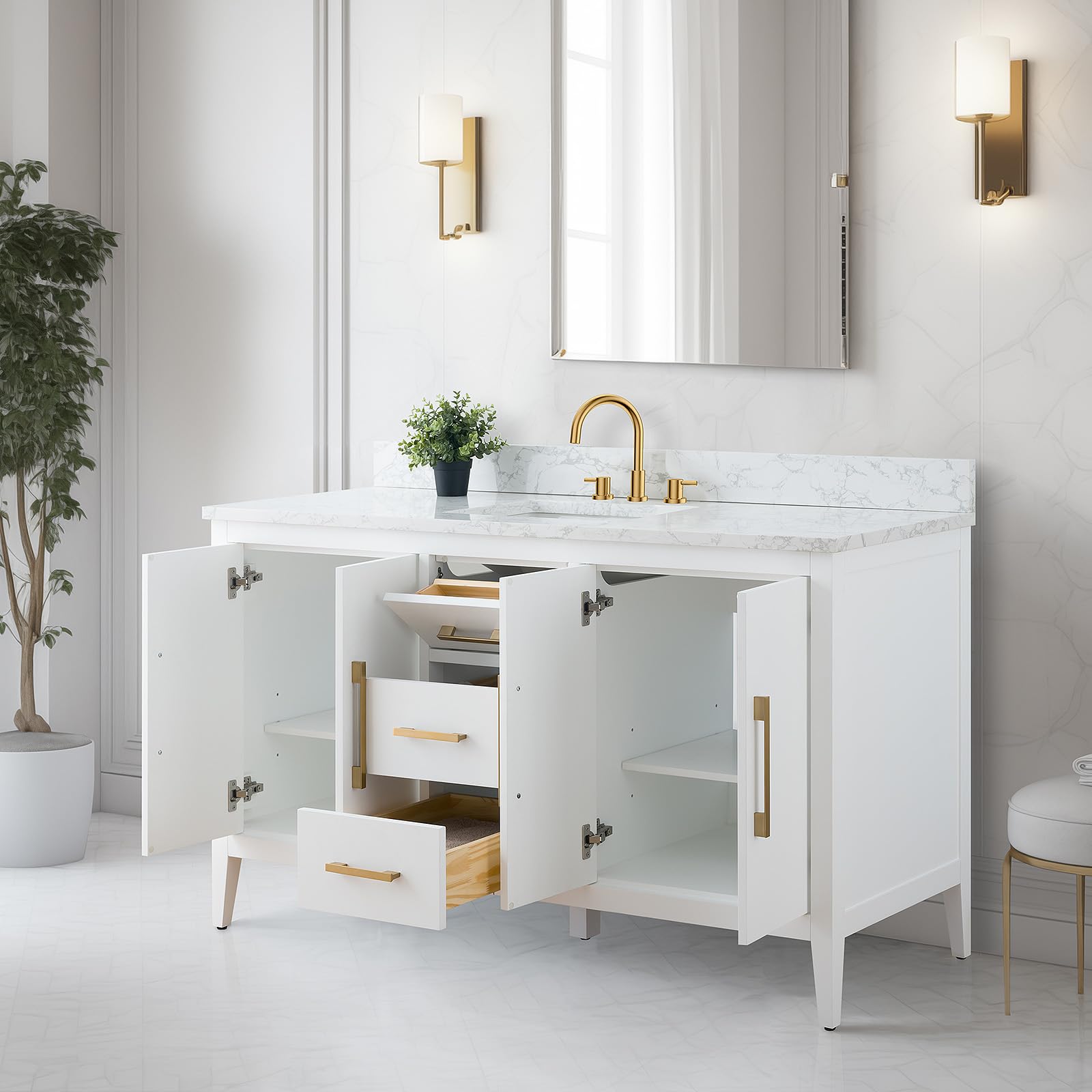 Vanity Art 60 Inch White Bathroom Vanity with Single Sink & Ceramic Top - Soft-Closing Doors, Drawers, Solid Wood Frame (VA9060-SW-MB1) | Perfect for Modern Bathrooms, Master Suites & Home Renovations