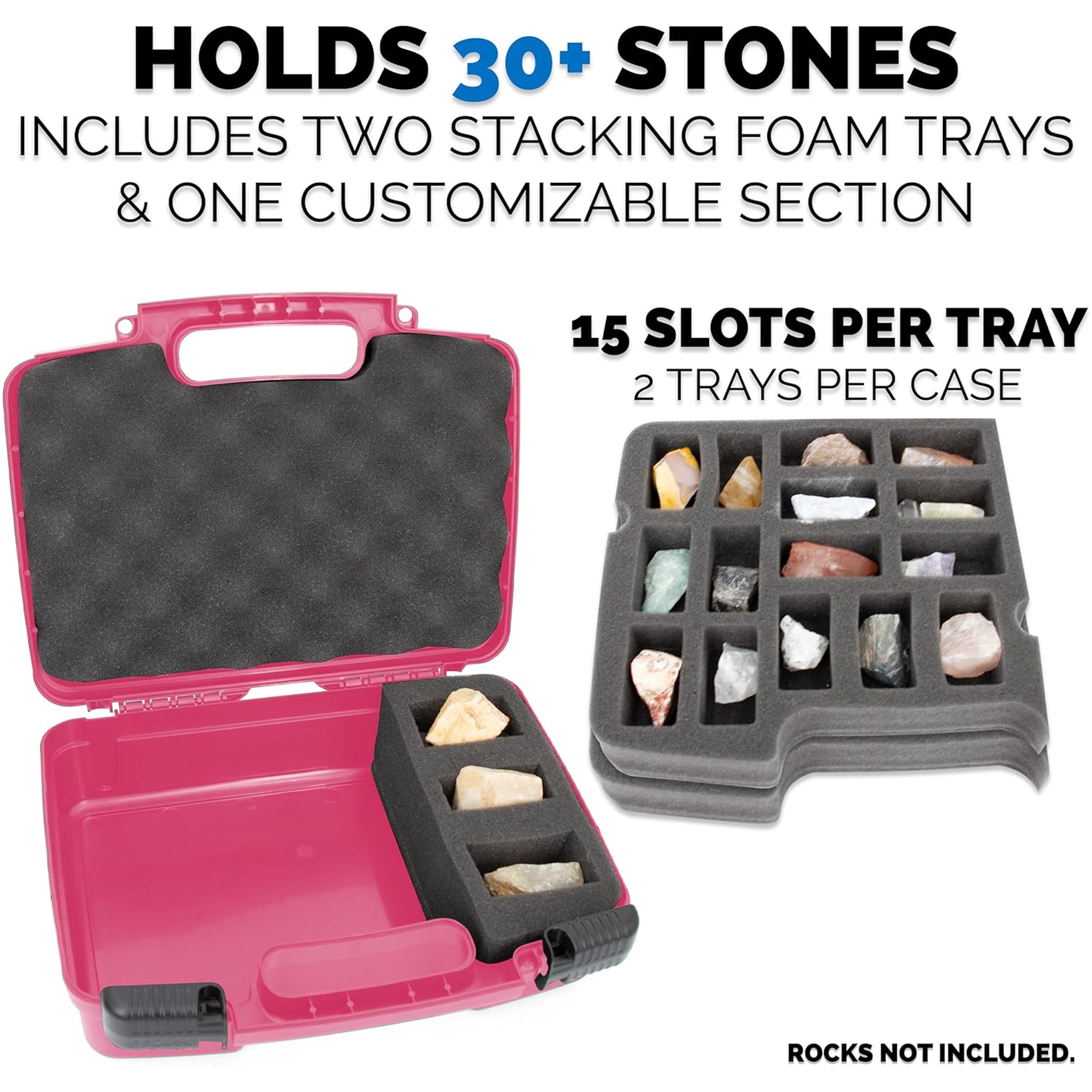 CASEMATIX Rock Collection Travel Case - 30 Slot Rock Storage Box with 2 Pre-Cut Foam Trays, Customizable Foam Sections for Crystal Protection | Perfect for Geology Field Trips, Mineral Collecting & Travel Organization
