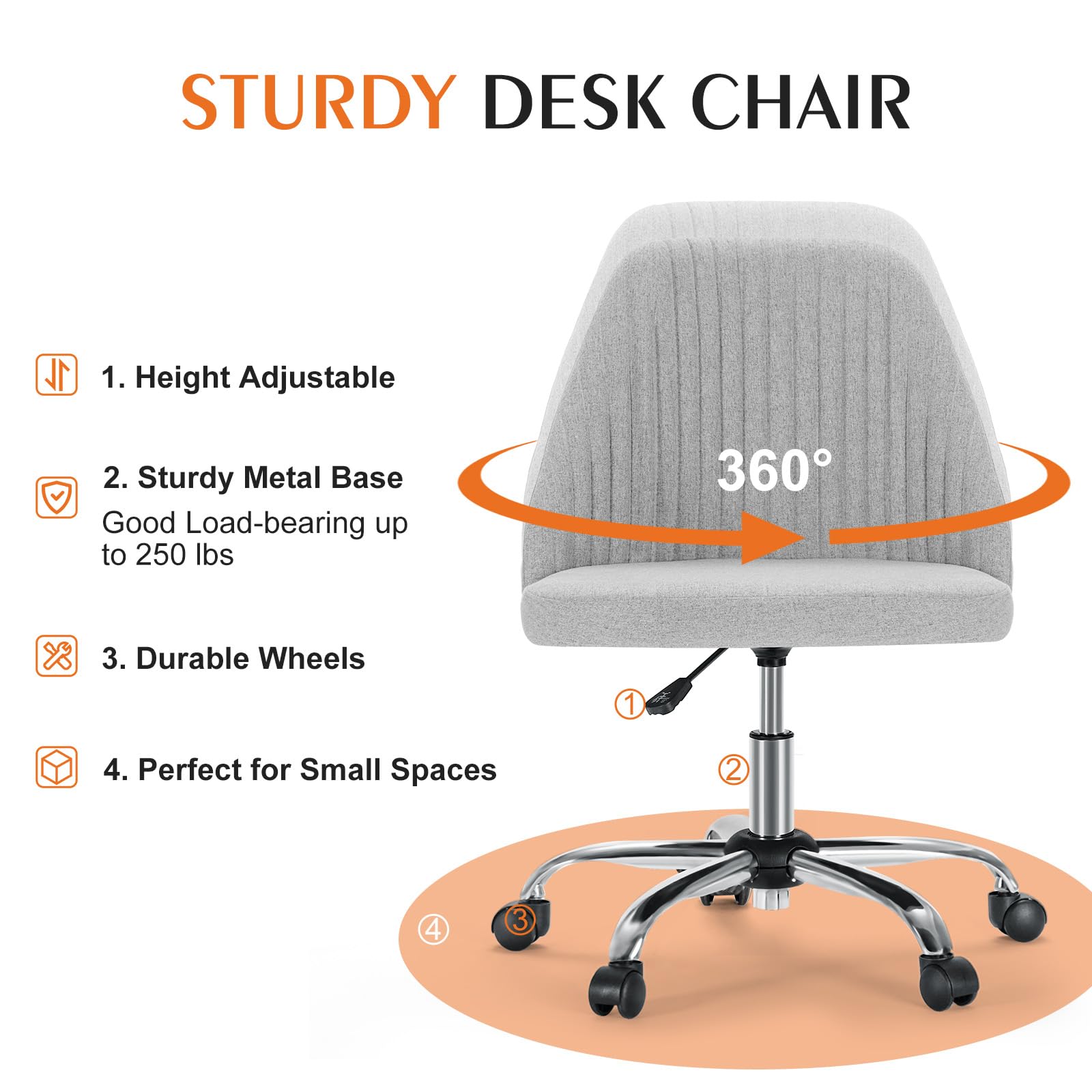 Sweetcrispy Armless Office Chair - Modern Fabric Swivel Desk Chair with Wheels & Adjustable Height, Ergonomic Computer Task Chair for Small Spaces | Perfect for Home Office, Study Room & Vanity Area