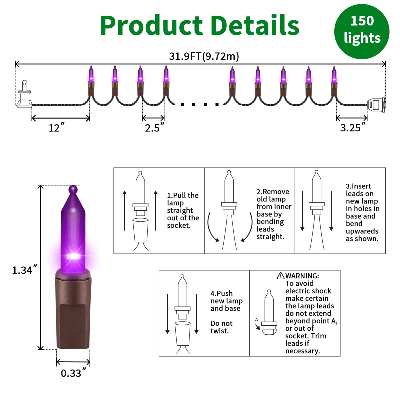 Super Bright 150 LED Extendable Purple Christmas Lights - 31.9ft UL Certified Mini String Lights for Outdoor Indoor Decor | Perfect for Christmas Trees, Halloween, Garden, Patio, Holiday Parties & Home Decoration