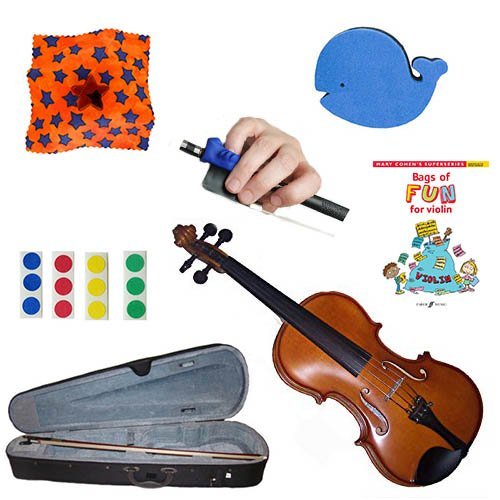 **1/4 Size Beginner Violin Kit for Kids Ages 5-7 – Includes Violin Book, Finger Markers, Star Rosin, Whale Shoulder Rest & Blue Fish Bow Hold – Perfect for Music Lessons, Practice & Early Learning**
