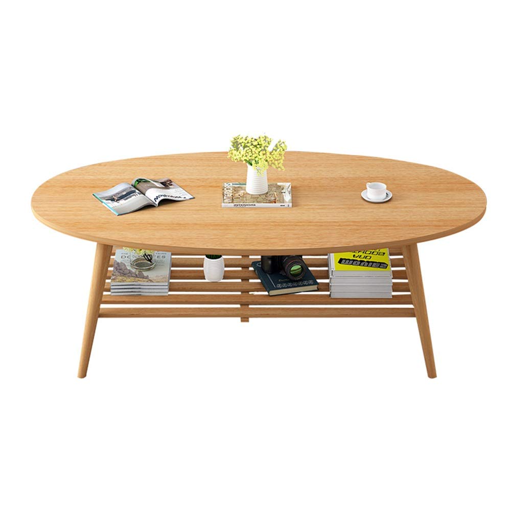 Nordic Solid Wood Coffee Table with 2 Shelves - Oval Small Tea Table for Living Room