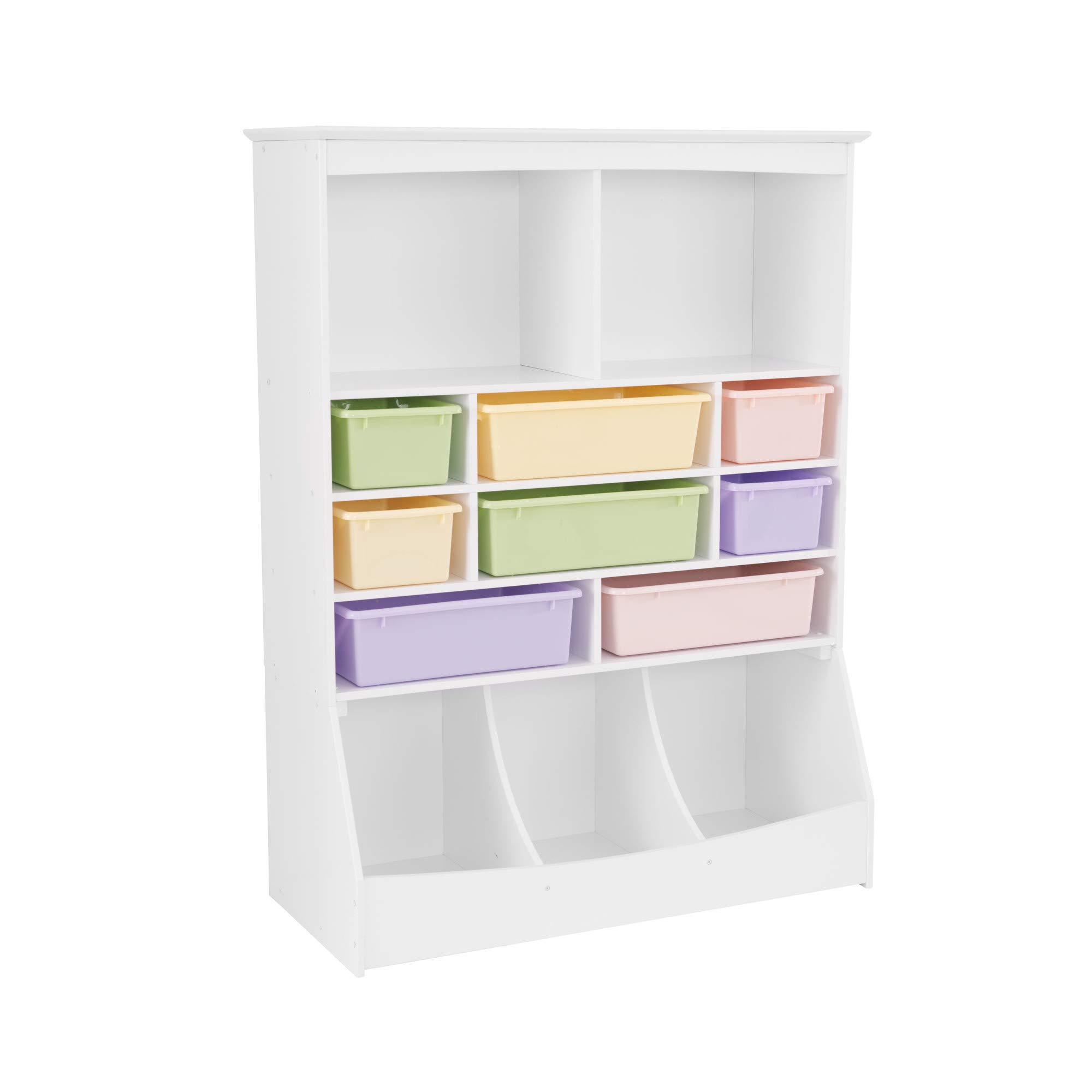 KidKraft White Wooden Wall Storage Unit with 8 Plastic Bins & 13 Compartments - Organizer for Kids Toys, Books & Art Supplies - Perfect for Bedroom, Playroom & Classroom (Ages 3+)