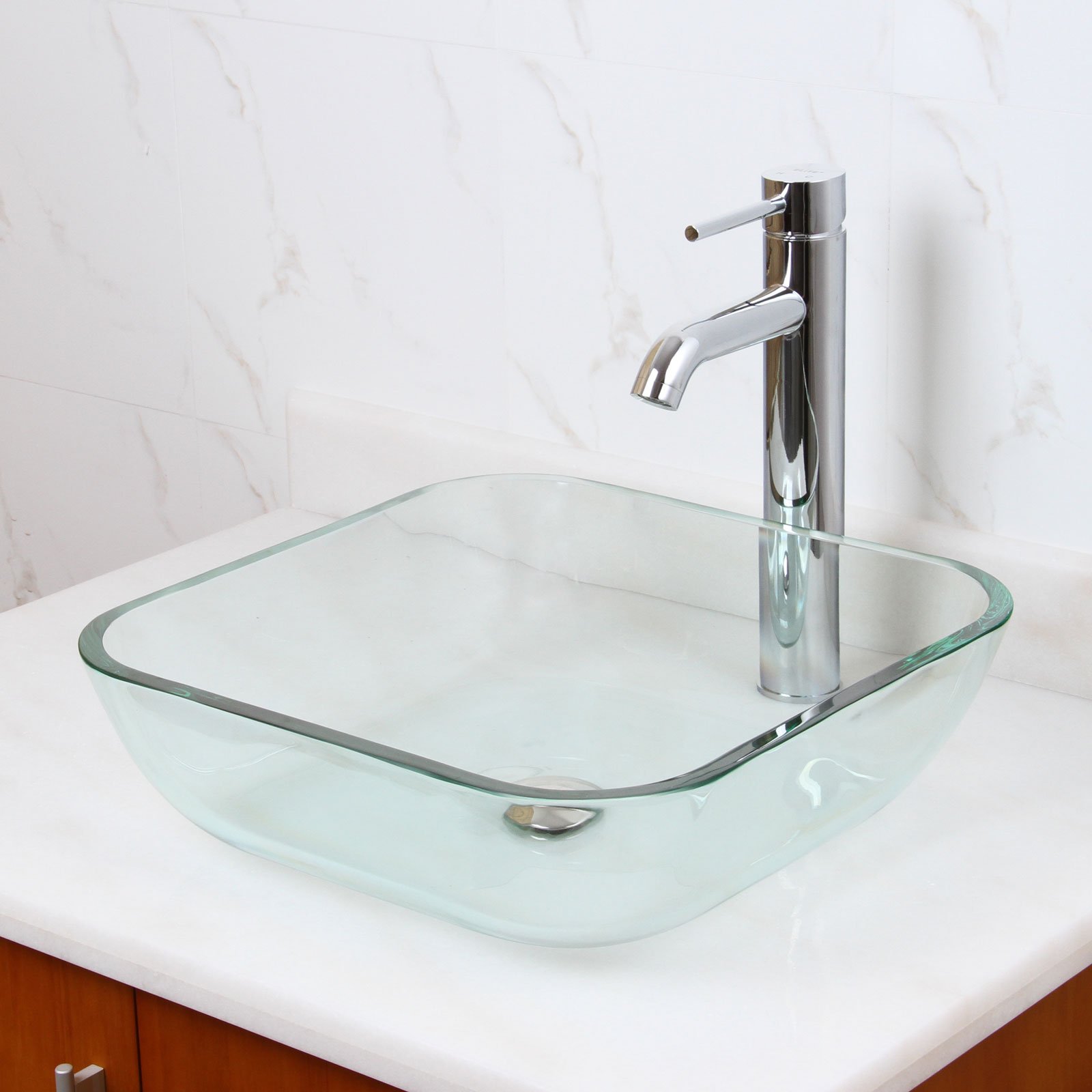 Premium Clear Square Tempered Glass Vessel Sink with Chrome Faucet - Modern Bathroom Vanity Upgrade for Contemporary Homes & Luxury Hotels