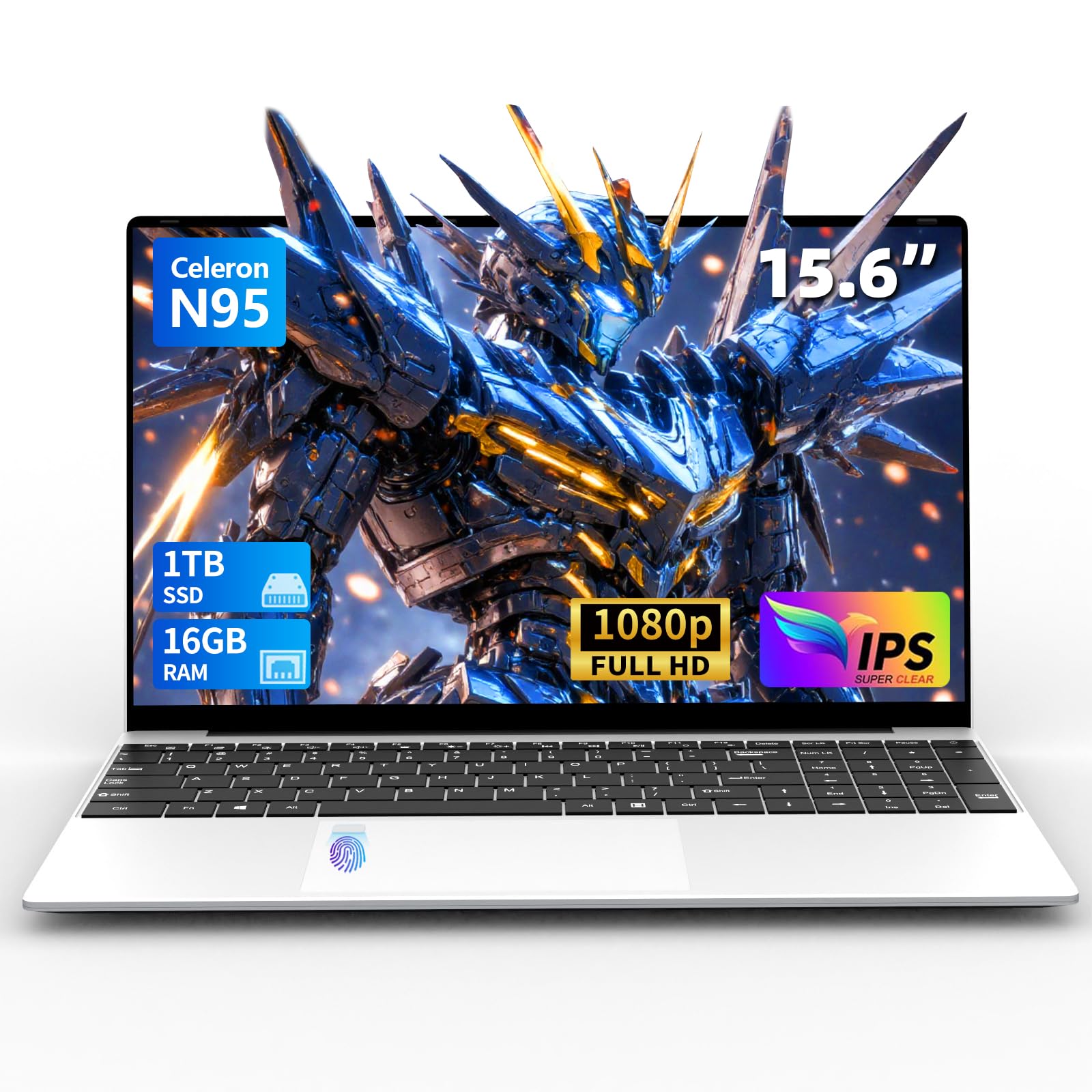 15.6 Inch Gaming Laptop - 12th Gen Intel N95 Processor (Up to 3.4GHz), 16GB RAM, 1TB SSD, FHD IPS 1920x1080 Display, Backlit Keyboard, Fingerprint Unlock, 180° Hinge - Perfect for Esports, Streaming & Work