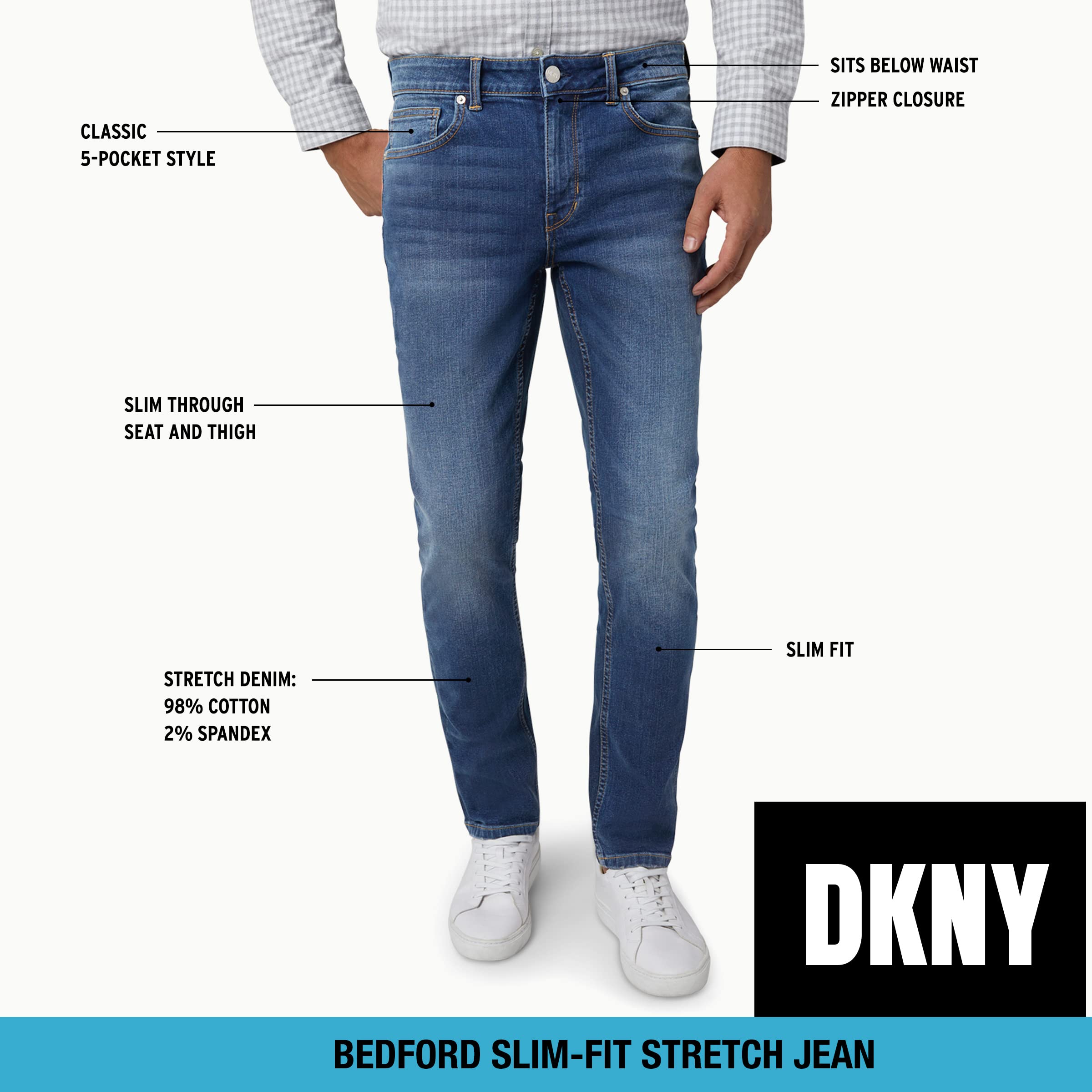 DKNY Men's Slim Fit Stretch Denim Jeans - Comfortable Bedford Style for Casual Wear & Everyday Outfits