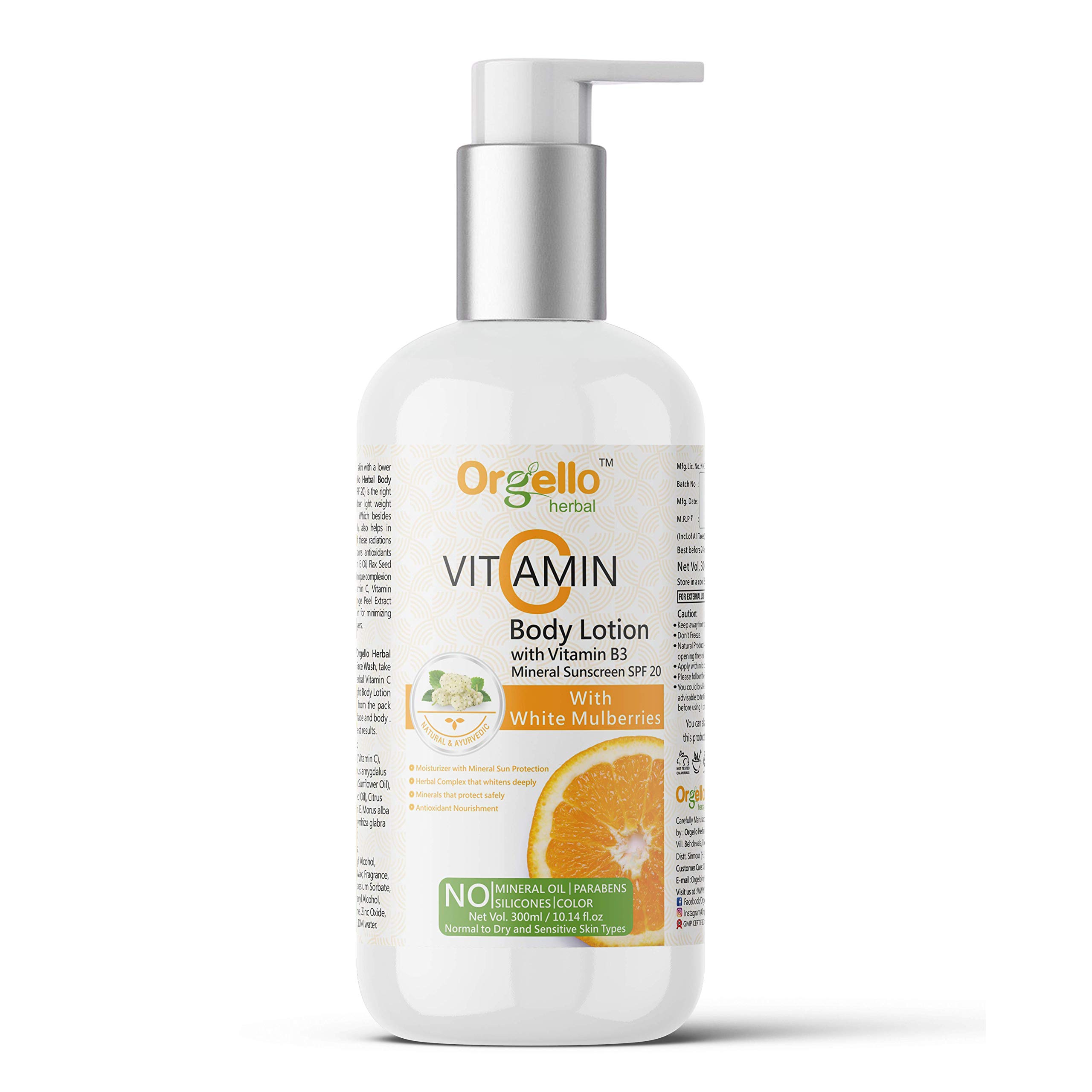Orgello Herbal Vitamin C Body Lotion with SPF | Mineral Sunscreen Moisturizer (300ml) | Niacinamide, Licorice & Flax Seed Oil | Paraben-Free Skincare | Perfect for Daily Sun Protection & Hydration