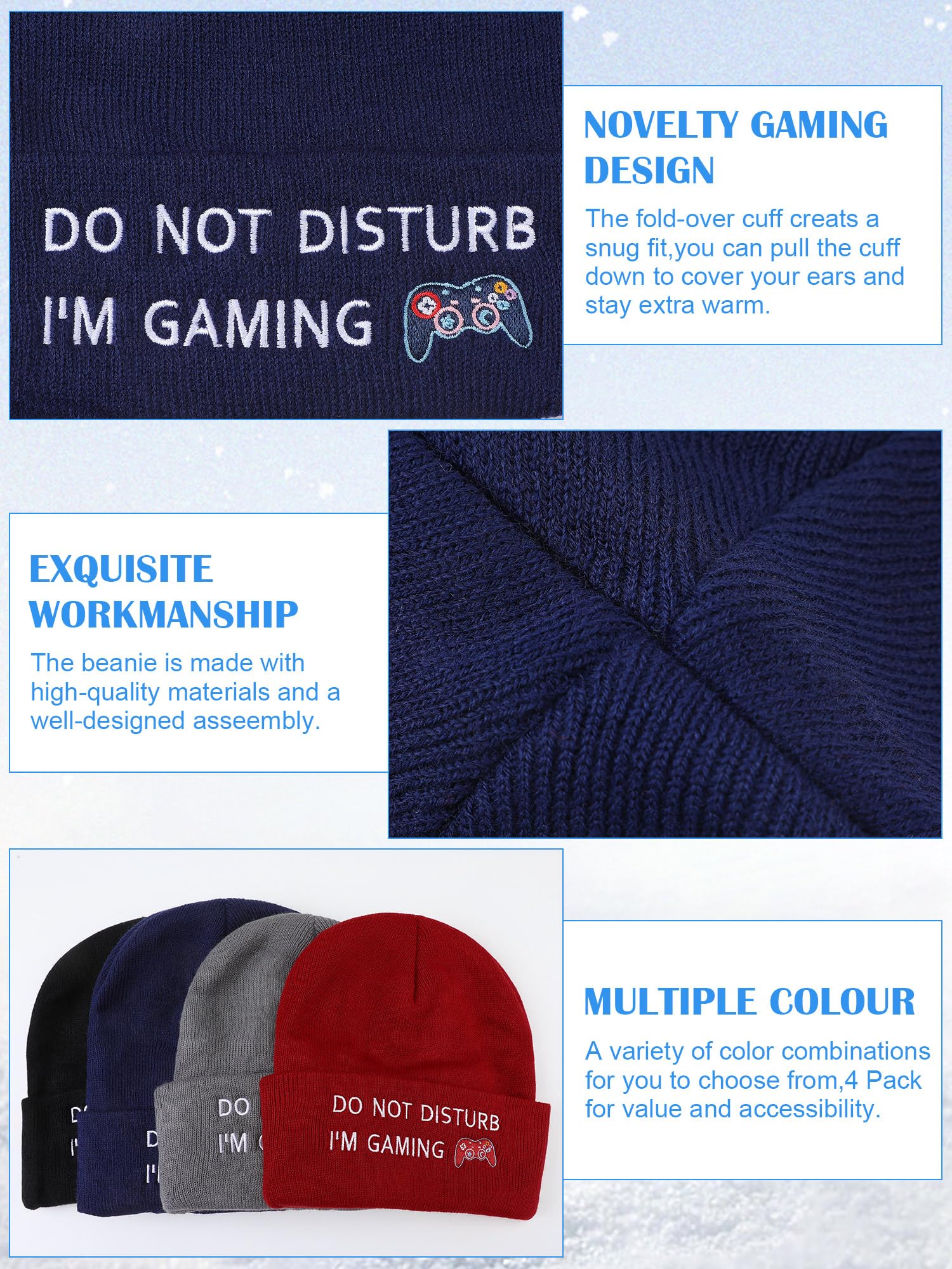 Funny Gamer Beanie Hat - 4 Pack Knitted Gaming Hats for Men & Boys - 