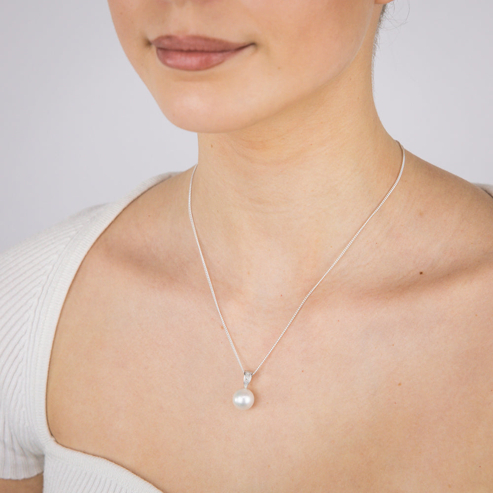 11-12mm White South Sea Pearl & Diamond Pendant Necklace - Sterling Silver 45cm Chain - Elegant Jewelry for Women, Gift for Anniversary, Wedding, Party & Special Occasions