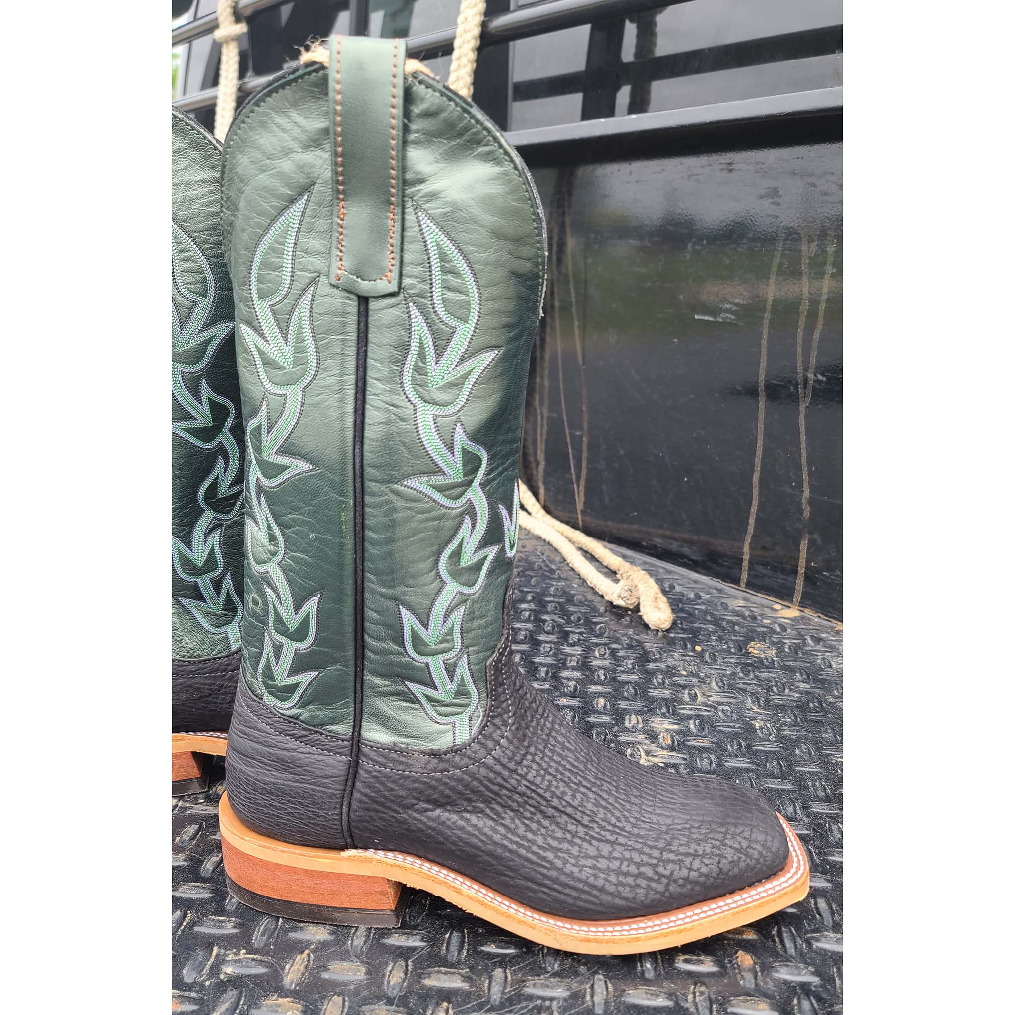 Anderson Bean Men's Black & Green Oiled Shark Leather Cowboy Boots - Durable Western Boots for Riding, Work & Country Style Fashion
