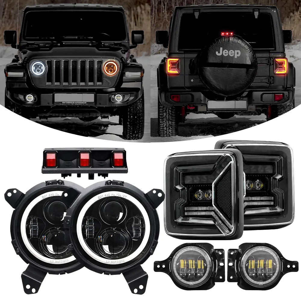 9 Inch LED Halo Headlights with Turn Signals, Fog Lamps, Tail & Brake Lights for Jeep Wrangler JL - Off-Road & Night Driving Upgrade