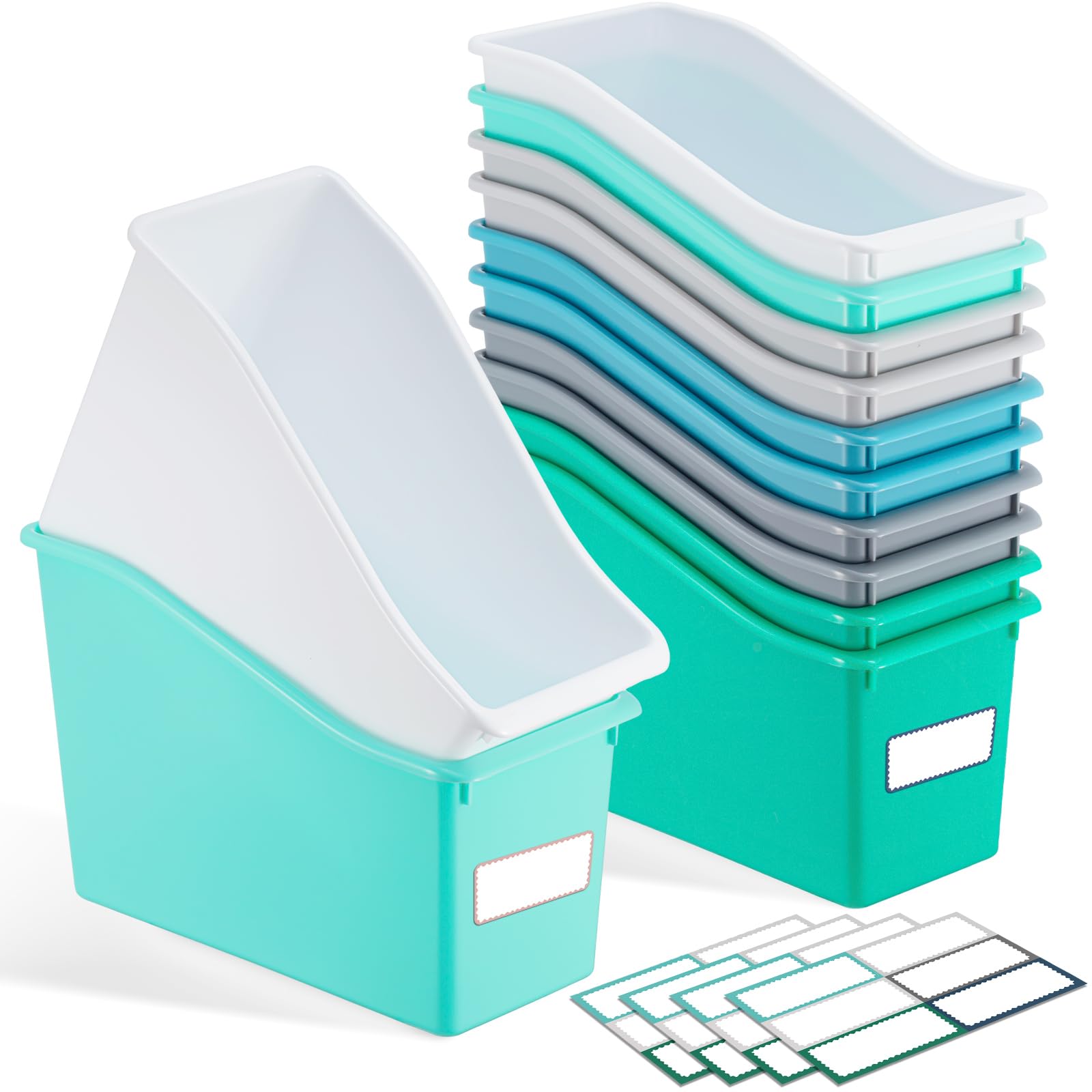 Geetery 24 Pcs Stackable Plastic Book Bins with 48 Labels - 11.5