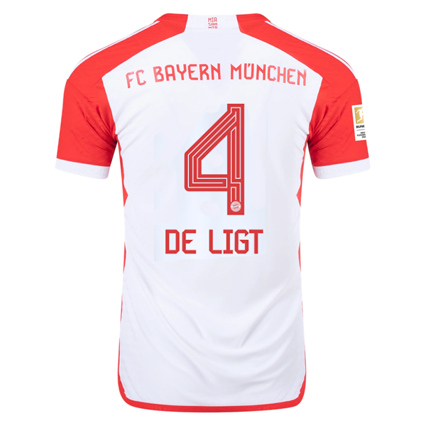 Authentic adidas Bayern Munich Matthijs de Ligt Home Jersey 23/24 - White/Red with Bundesliga Champions Patch | Official Soccer Jersey for Fans & Players - Perfect for Match Days, Training & Collecting