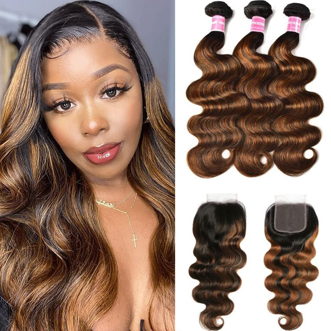 Beauty Forever #FB30 Highlight Brazilian Body Wave 3 Bundles Human Hair Extensions with 4x4 Lace Closure - Ombre Balayage Piano Color Virgin Hair for Natural Look | Perfect for Daily Styling, Special Occasions & Salon Use