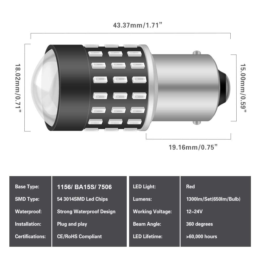 1156 BA15S LED Bulbs - 3014SMD 54-EX Chipsets with Lens Projector - Super Bright 1095 7506 Backup Reverse Lights - Compatible with Tail Lights, Brake Lights, Stop Parking Lights - 12-24V DC - Red (Pack of 2) - Perfect for Trucks, SUVs, Cars & Motorcycle Safety Lighting Upgrades