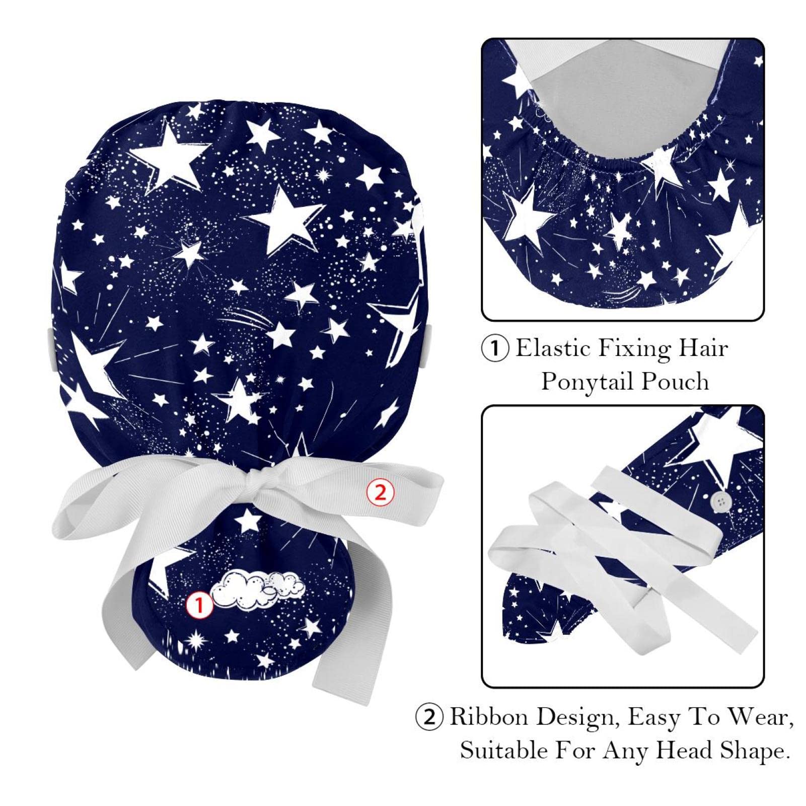 Premium Star Dark Black Scrub Hats for Women & Men - 2 Pack Tie Back Surgical Caps with Button Closure & Sweatband for Long Hair | Ideal for Nurses, Doctors & Healthcare Professionals