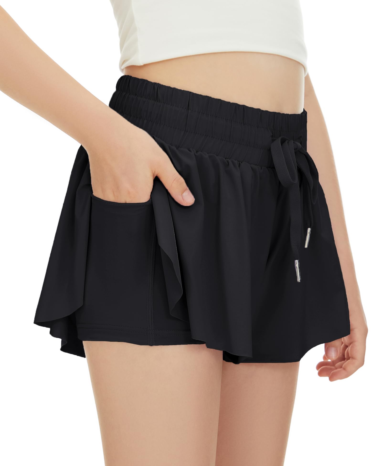 Butterfly Print Girls' Athletic Shorts with Pockets - 2-in-1 Running & Workout Shorts for Kids - Perfect for Sports, Gym & Outdoor Activities