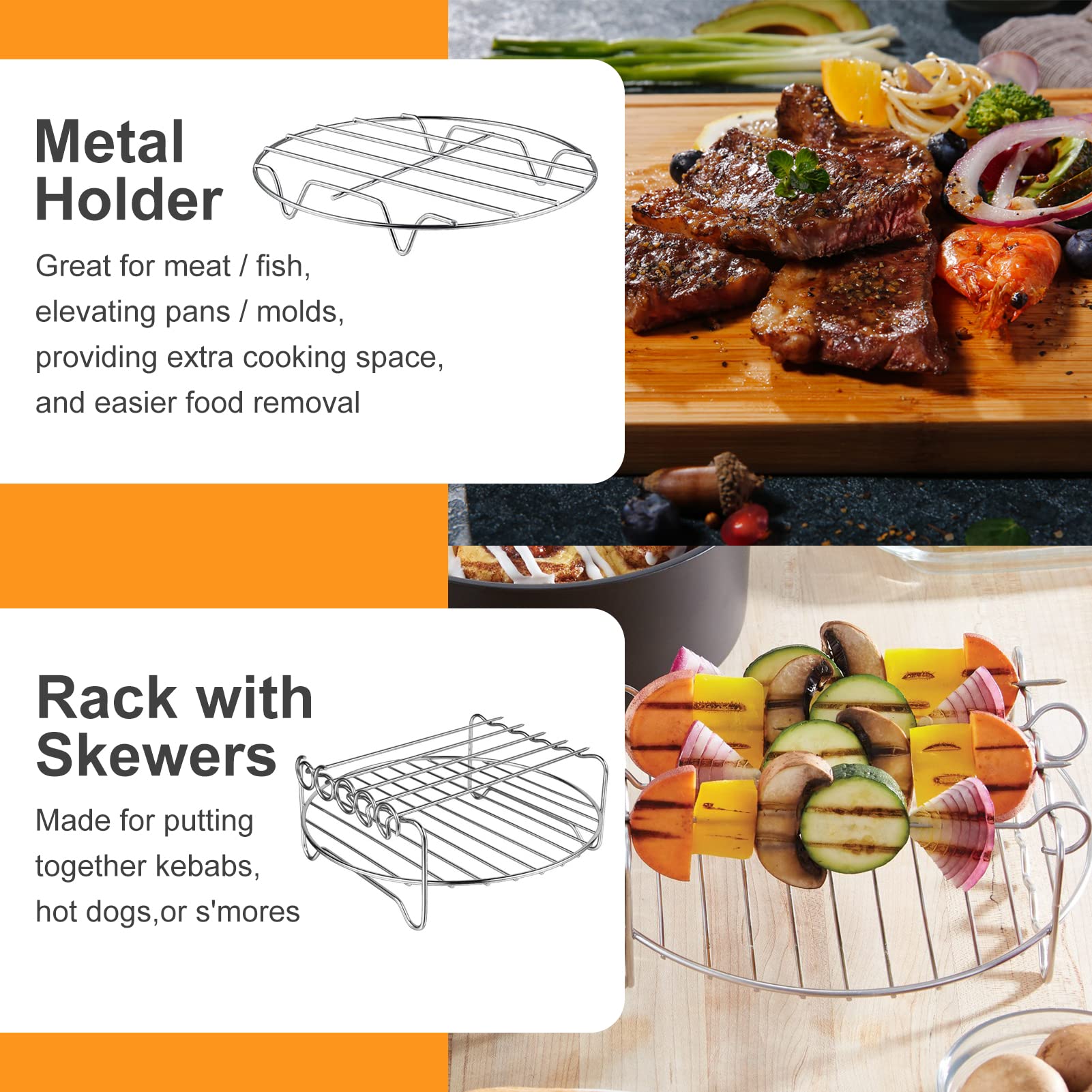 2-Pack Air Fryer Rack Set - Double Layer Metal Wire Rack with Skewers for Ninja, Power XL, Cosori, Instant Pot, Gourmia & Chefman - Multi-Purpose Dishwasher Safe Air Fryer Accessories - Perfect for Roasting, Baking & Grilling in Air Fryer Ovens