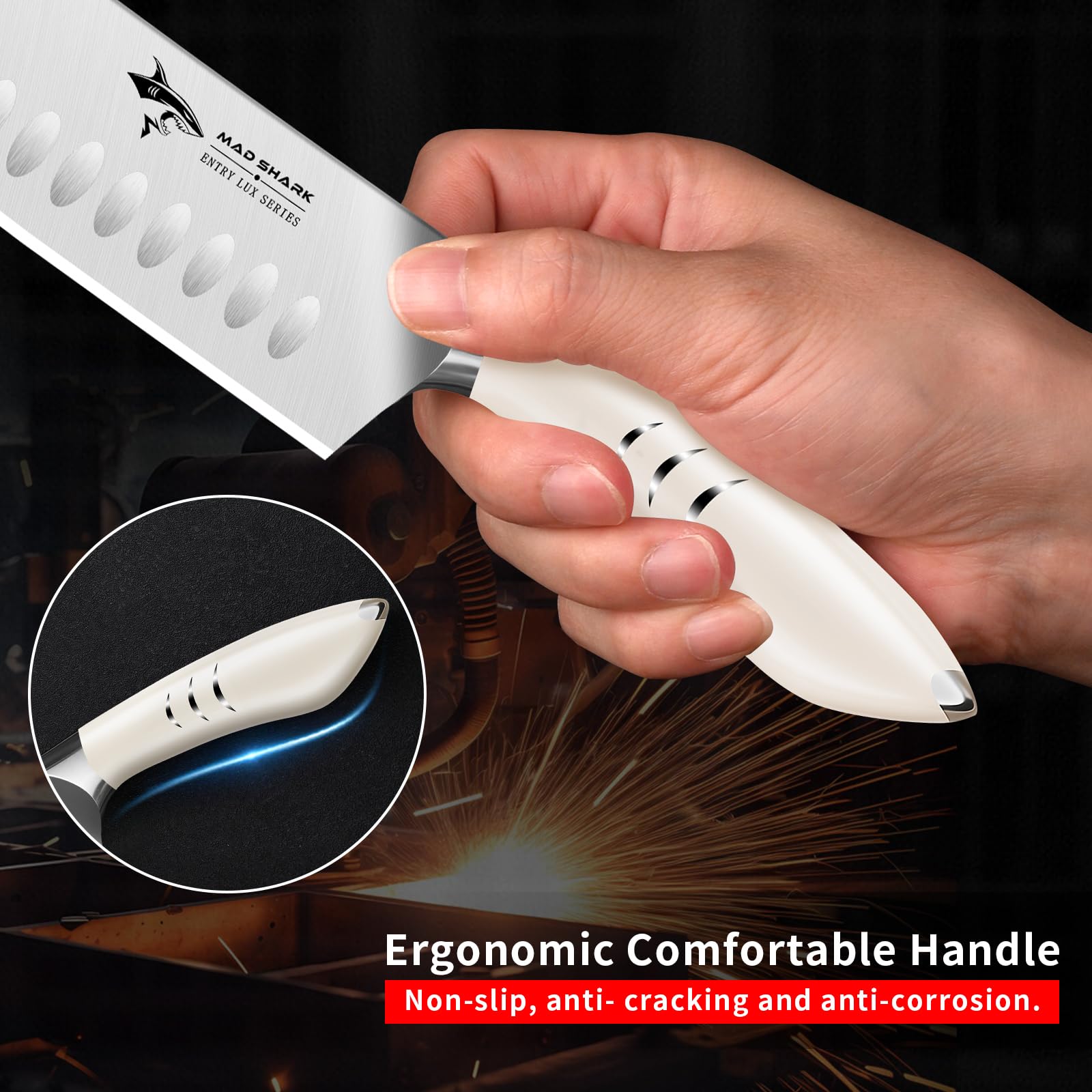 MAD SHARK 8 Inch Santoku Knife - Ultra Sharp Japanese Kitchen Knife with High Carbon German Steel & Ergonomic Handle - Perfect for Chopping, Slicing, and Dicing - Ideal Gift for Home Chefs and Cooking Enthusiasts