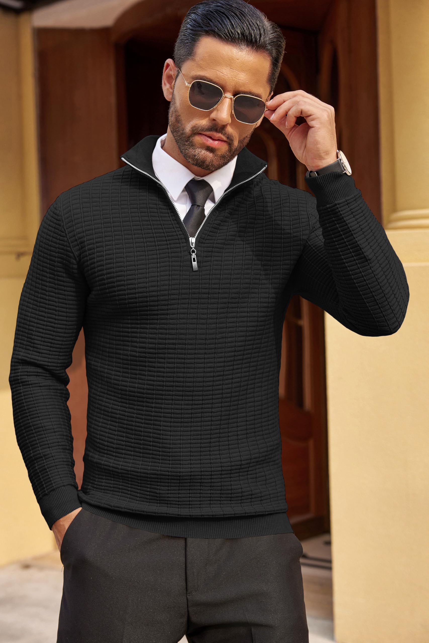 COOFANDY Men's Slim Fit Lightweight Cotton Quarter Zip Pullover Sweater - Casual Mock Neck Knit Top for Work, Travel & Everyday Wear