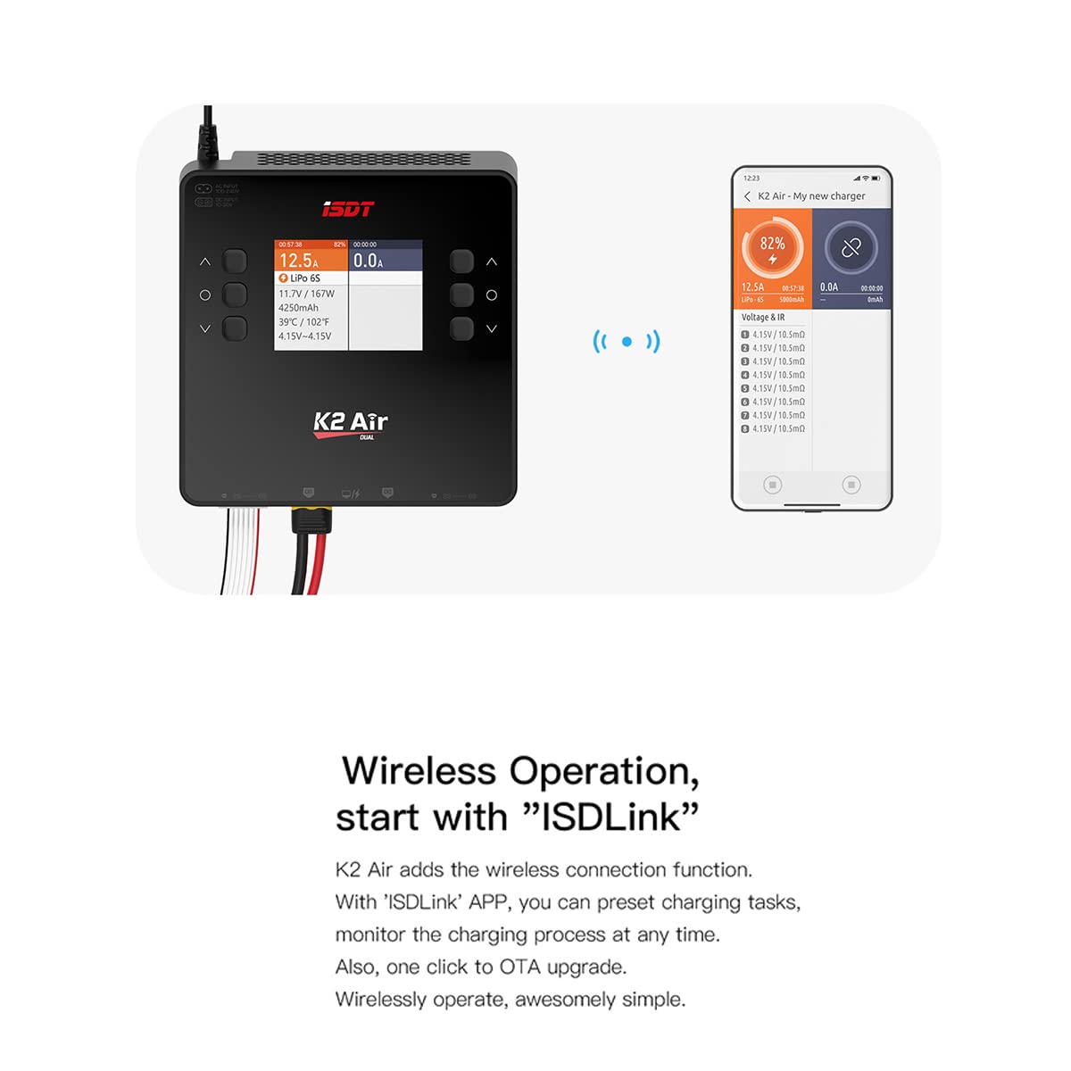 ISDT K2 Air 200W AC 500W DC Dual Channel Smart Battery Charger for RC LiPo LiHv NiMH - Bluetooth APP Control, LCD Display - Perfect for Drone, RC Car & Airplane Battery Charging