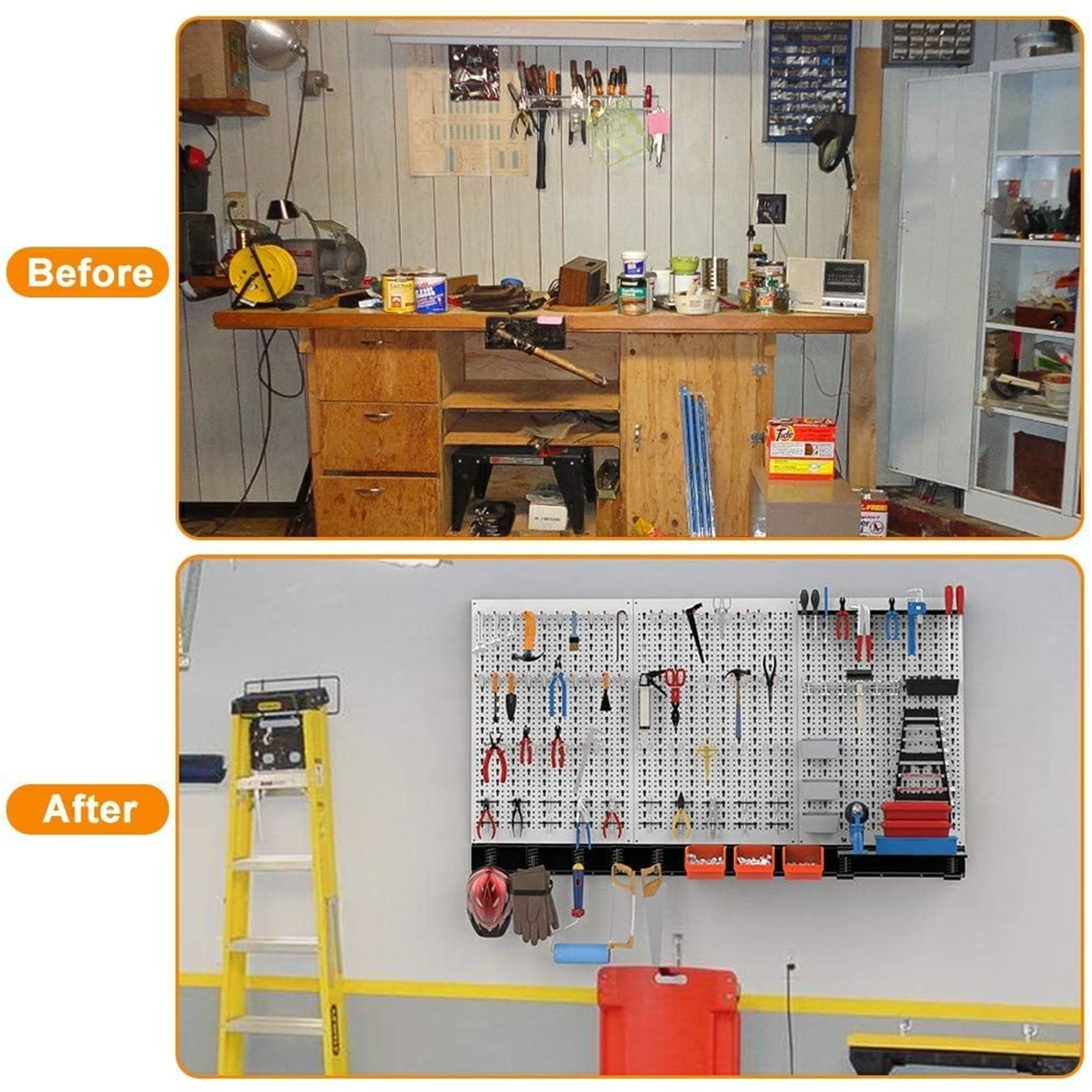 TORACK 109-Piece Pegboard Wall Organizer Kit - 4 ft Metal Garage Tool Storage System with Hooks, Bins & Shelf | Wall Mounted for Workshop, Garage & Home Organization