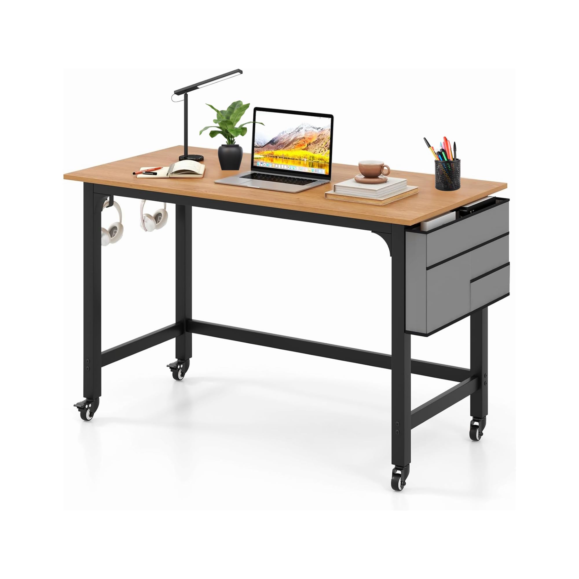 GRAFFY Mobile Computer Writing Desk with Wheels - Adjustable Rolling Home Office Desk, Sturdy Steel Frame & Smooth Casters, Multipurpose Workstation for Small Spaces (Home, Office, Dorm) - Natural Wood Finish