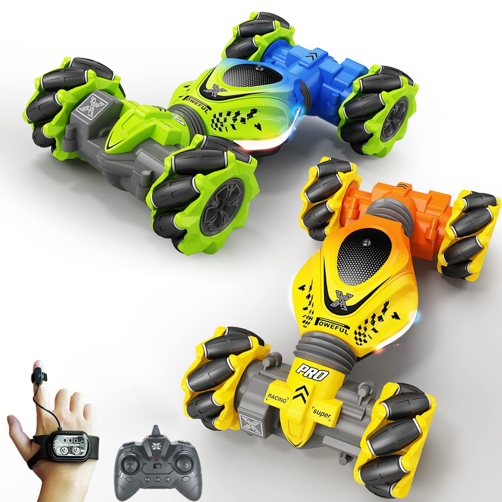 2 Pack 4WD Gesture Sensing Remote Control RC Cars - Green & Yellow Electric Toy Cars with Hand Motion Control | Perfect Birthday Gifts for Boys, Girls & Kids | Indoor & Outdoor Play, Party Favors, Racing Competition Toys