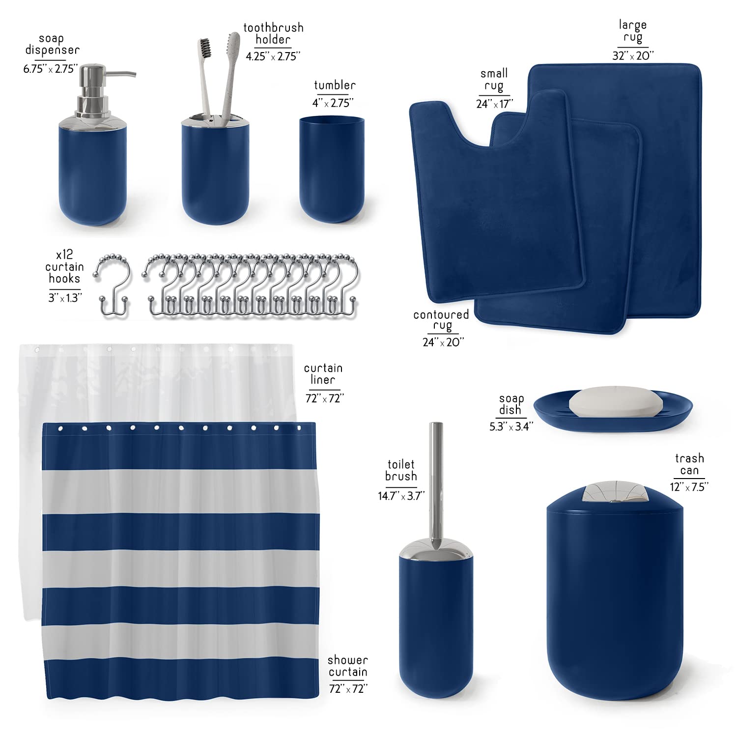 Clara Clark 23PC Navy Bathroom Set with Shower Curtain & Rugs - Perfect for Modern Bathrooms