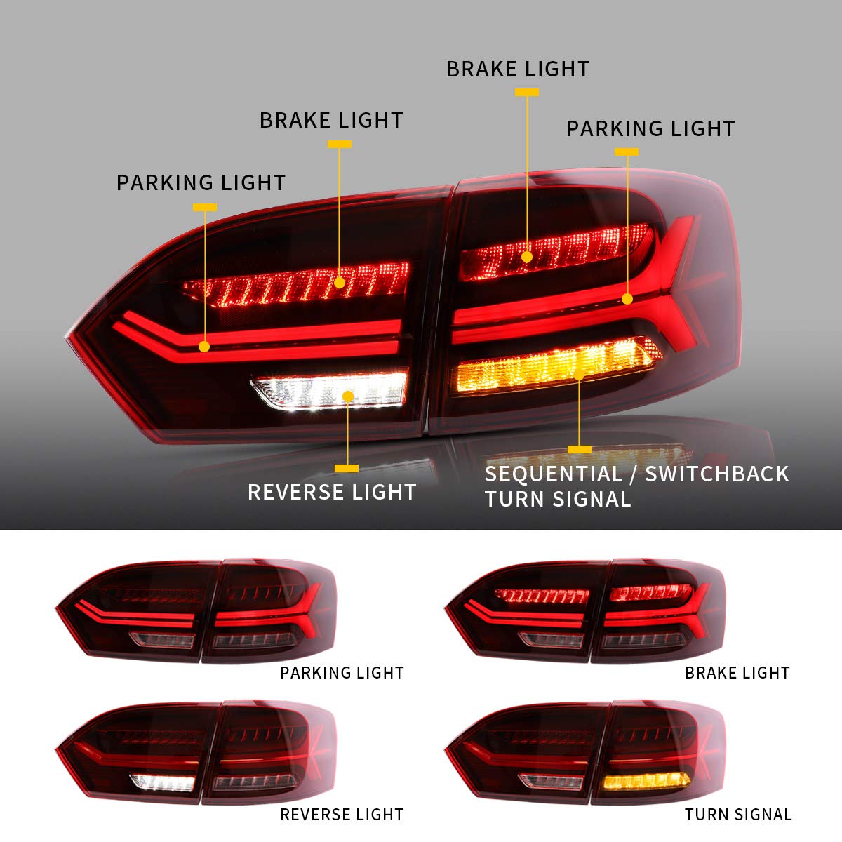VLAND LED Tail Lights for 2011-2014 Volkswagen Jetta Sagitar Sedan (Excludes LED Models & 2013 GLI) - Sequential Turn Signals, Red Lens, Driver & Passenger Side - Upgrade Your Car's Style & Safety for Night Driving