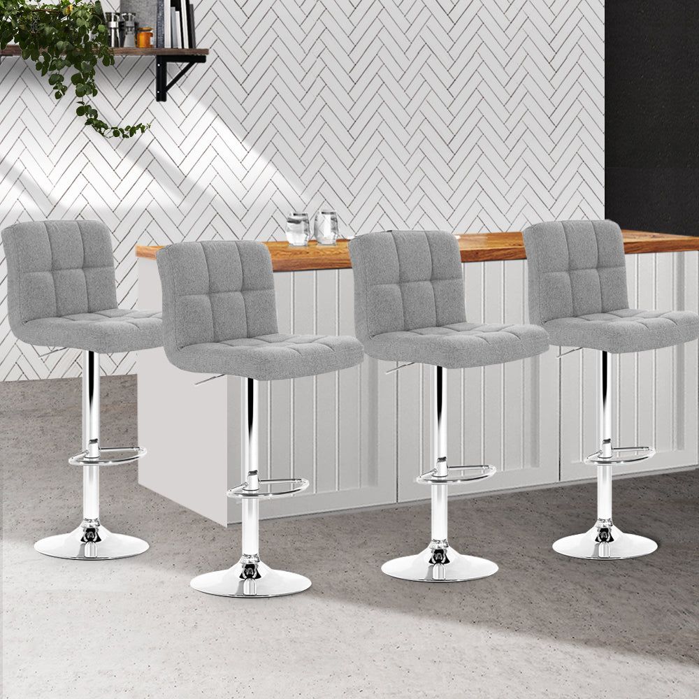 4 Bar Stools with Gas Lift Mechanism - Grey Fabric Upholstered Counter Height Stools for Kitchen Island, Breakfast Bar & Dining Room