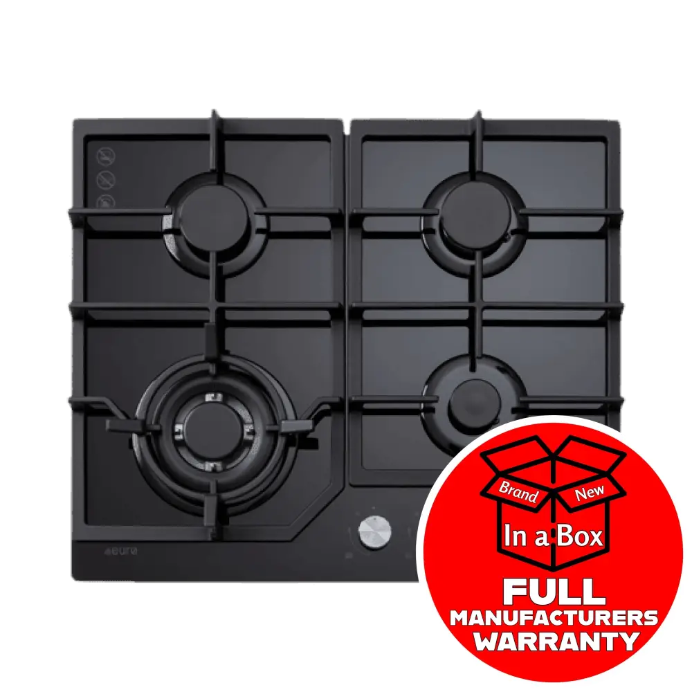 Euro ECT600GBK2 60cm Black Glass Gas Cooktop - Professional 4 Burner Stove for Modern Kitchen Cooking, Baking & Entertaining