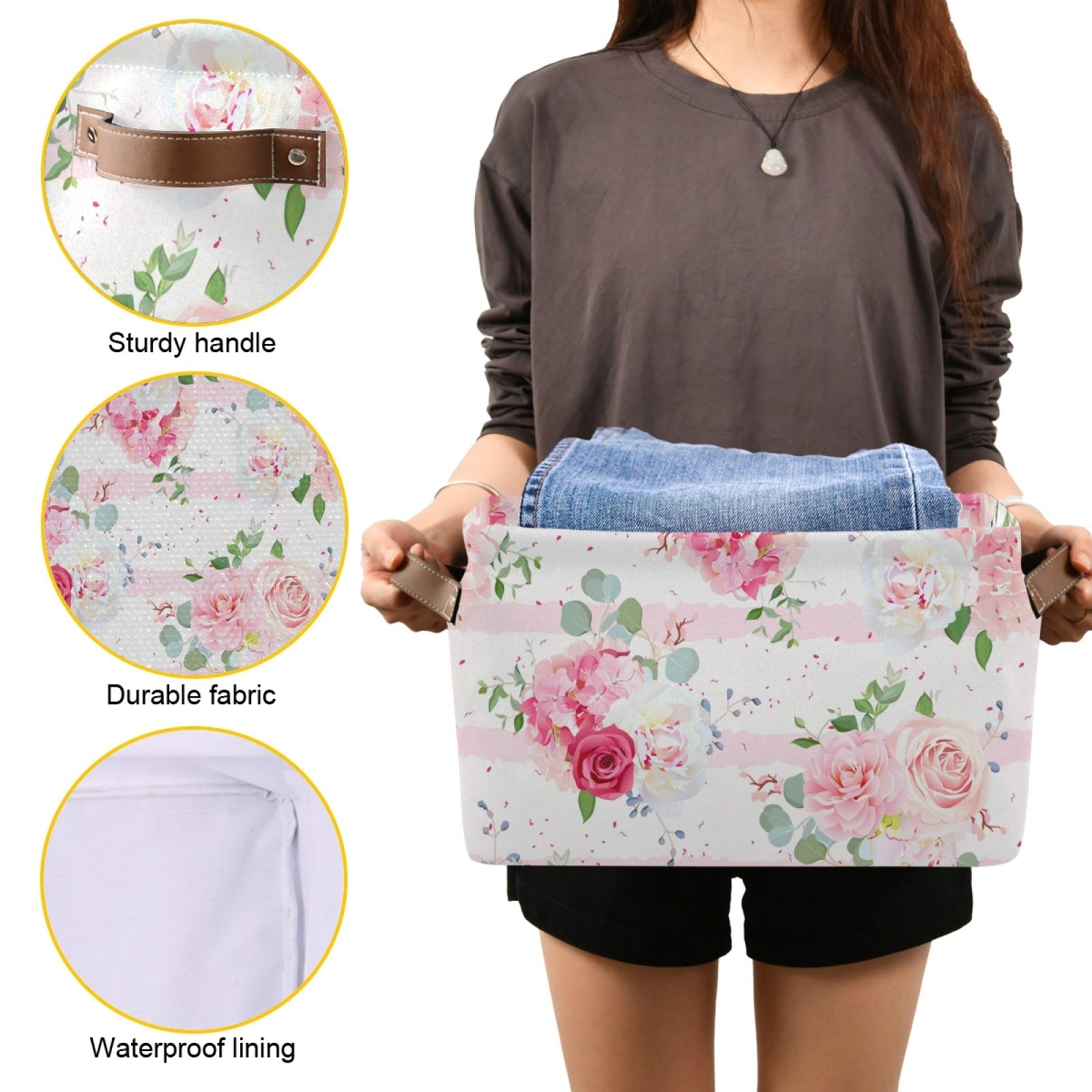 Pink Rose Floral Square Storage Baskets - 2 Pack Canvas Closet Organizer Bins for Home & Office - Perfect for Shelves, Bathroom, Nursery & Bedroom Organization