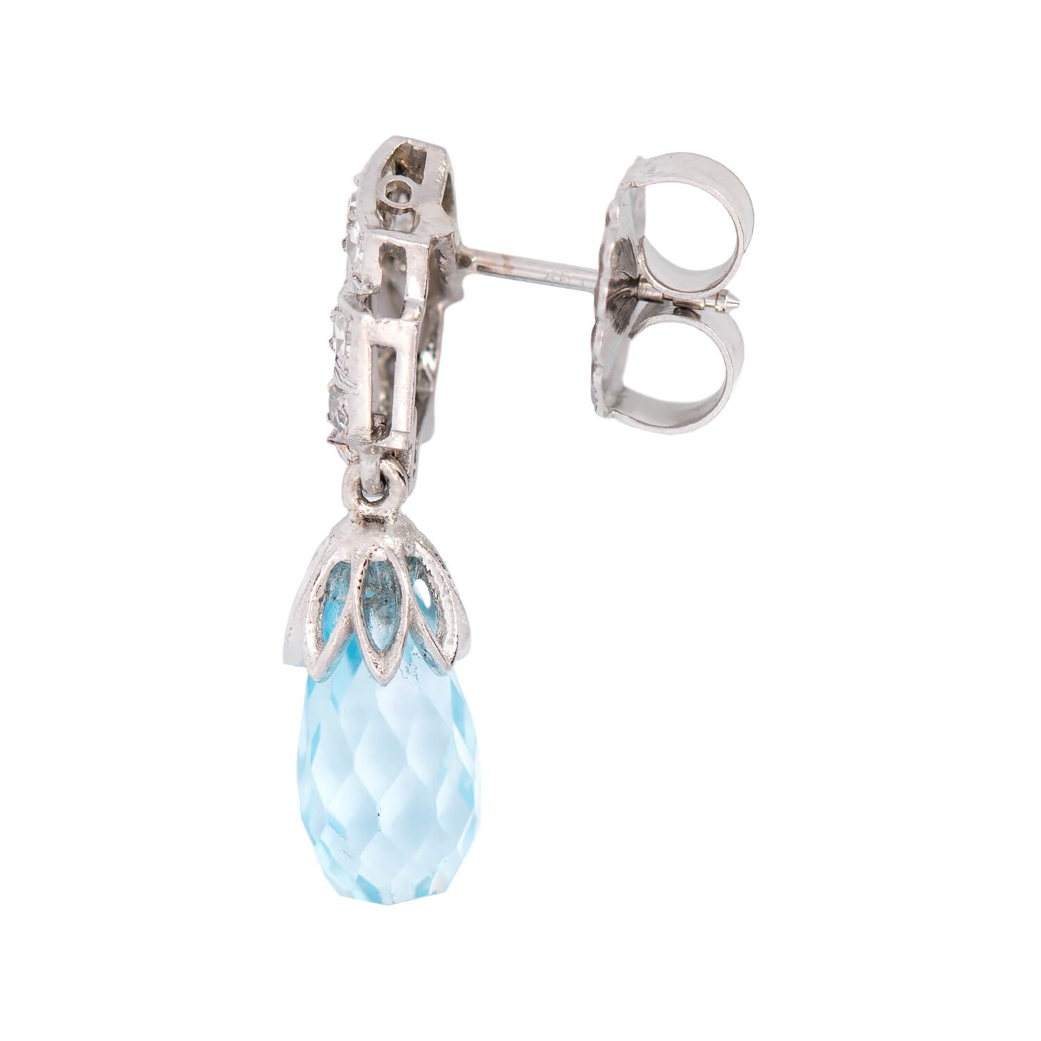 Vintage Art Deco Platinum Aquamarine Briolette & Diamond Drop Earrings – Elegant Dangling Jewelry for Weddings, Parties & Special Occasions