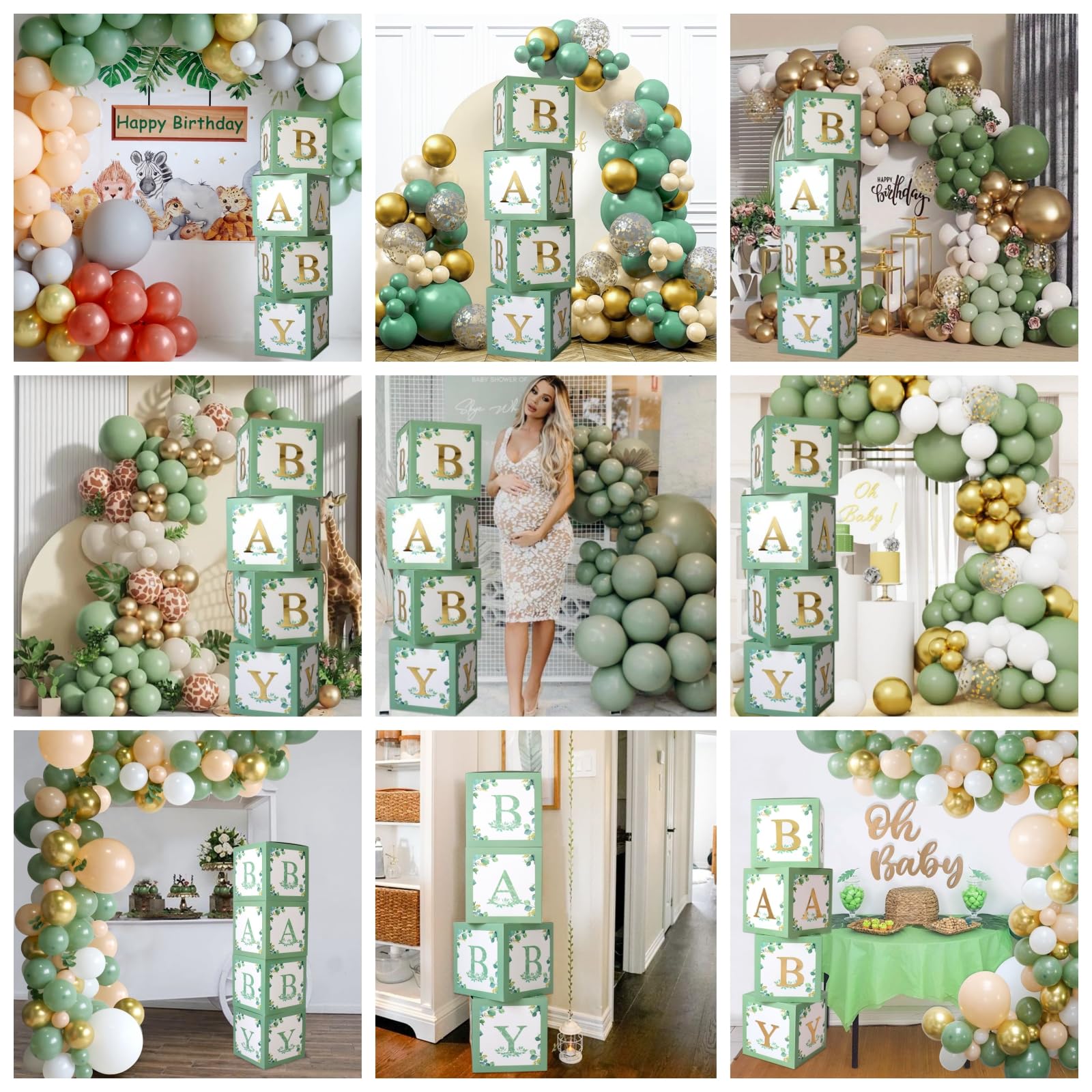 Sage Green Baby Shower Gift Boxes with Alphabet Letters - 4-Piece Set for Gender Reveal, Birthday Party Favors & Nursery Decor | Perfect for Safari Theme, Baby Shower Decorations & Newborn Photo Props