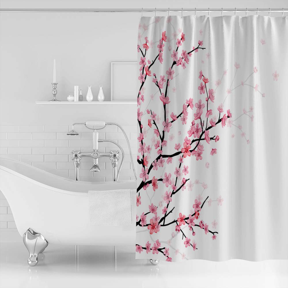 Hand Drawn Cherry Blossoms Waterproof Shower Curtain Set - 36 x 72 Inch Spring Pink Floral Bathroom Decor with 12 Hooks, Polyester Fabric for Bath & Shower - Perfect for Spring Refresh, Spa Days & Boho Bathroom Makeovers
